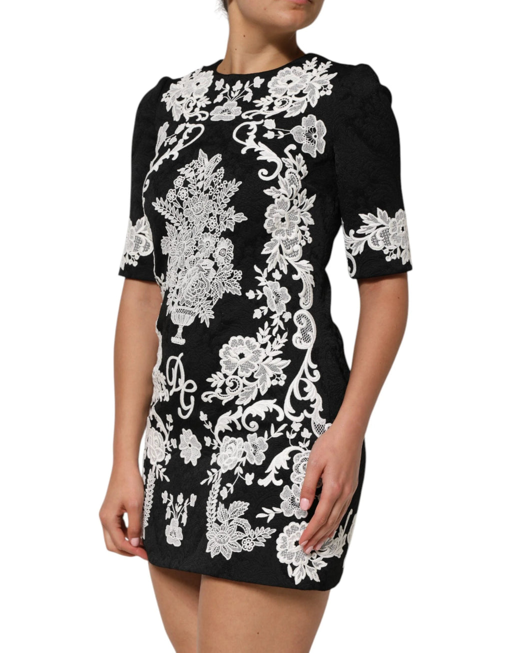 Dolce & Gabbana Black Lace Trim Short Sleeves A-line Dress by Dolce & Gabbana