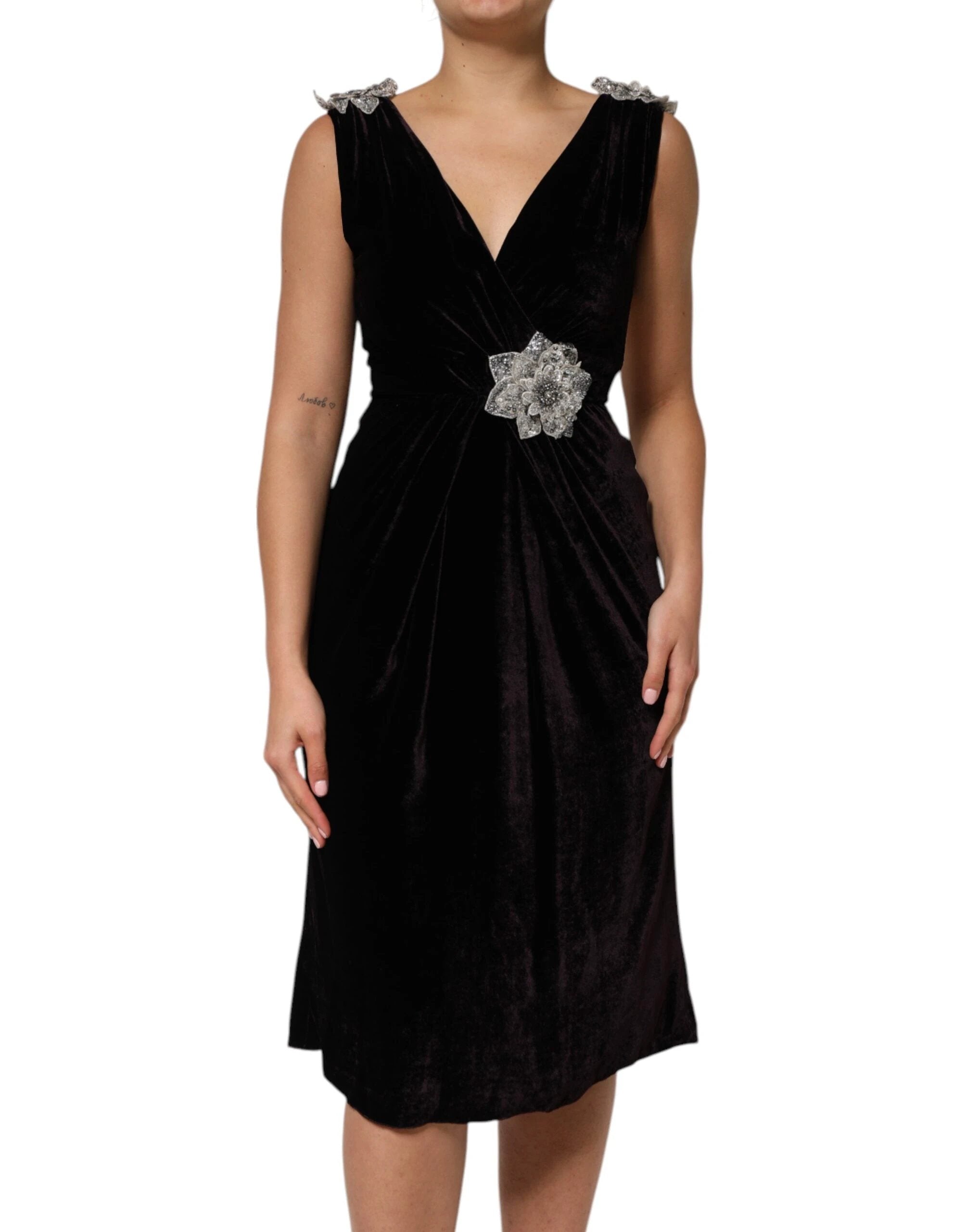 Dolce & Gabbana Black Velvet Flower Embellishment Aline Dress by Dolce & Gabbana
