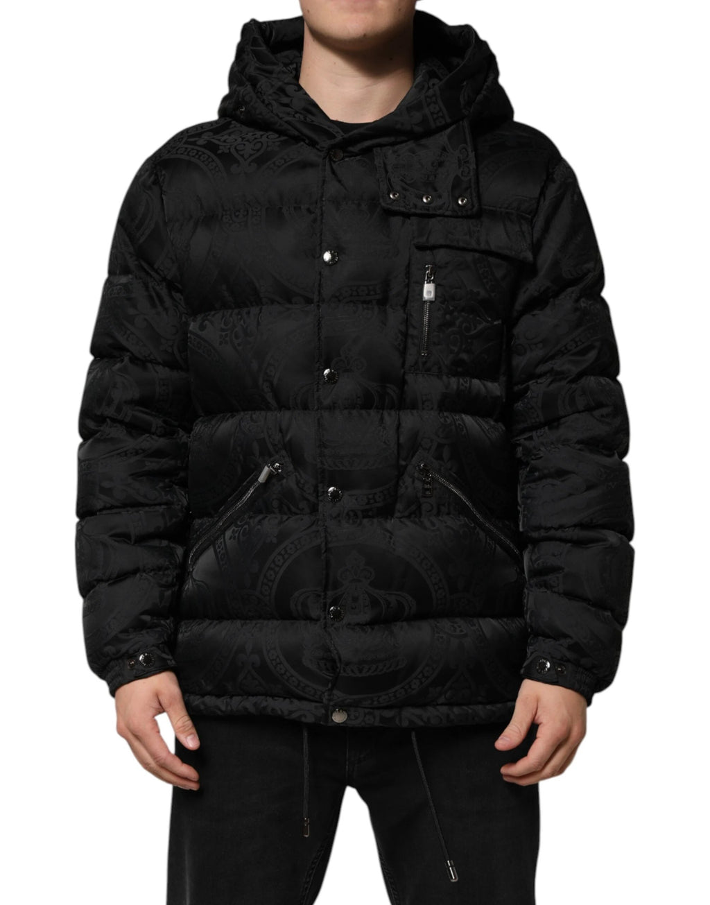 Dolce & Gabbana Black Jacquard Quilted Puffer Hooded Jacket by Dolce & Gabbana