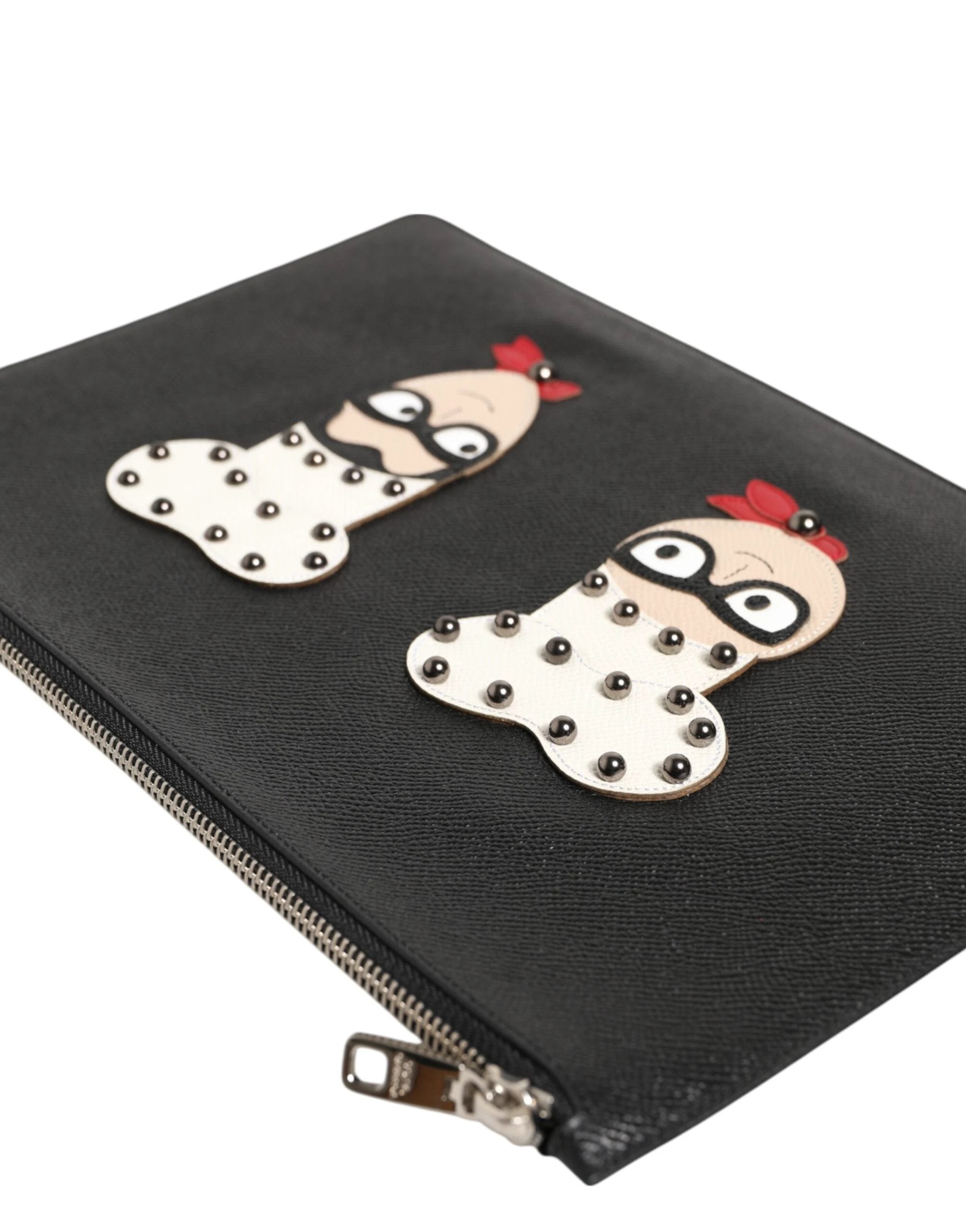 Dolce & Gabbana Black Leather #DGFAMILY Embellished Men Clutch Pouch Bag by Dolce & Gabbana