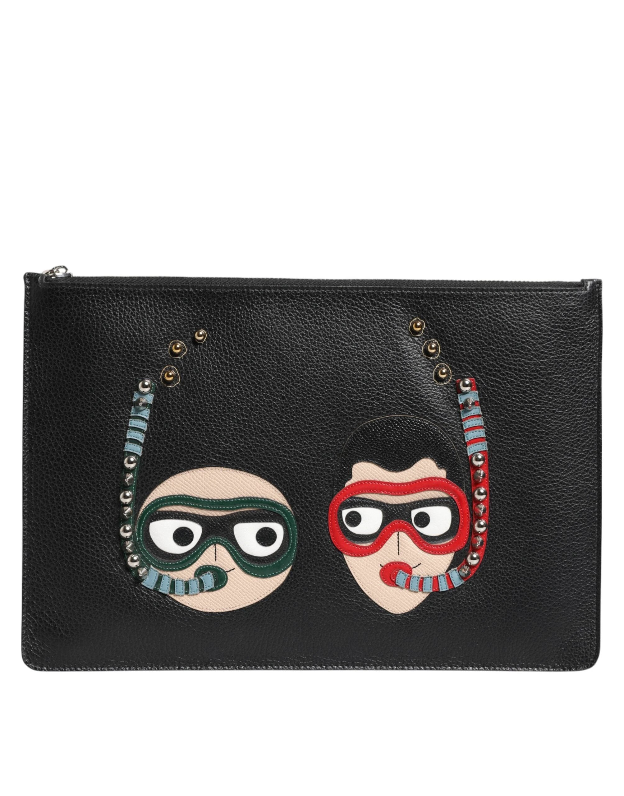 Dolce & Gabbana Black Leather #DGFAMILY Embellished Men Clutch Pouch Bag by Dolce & Gabbana
