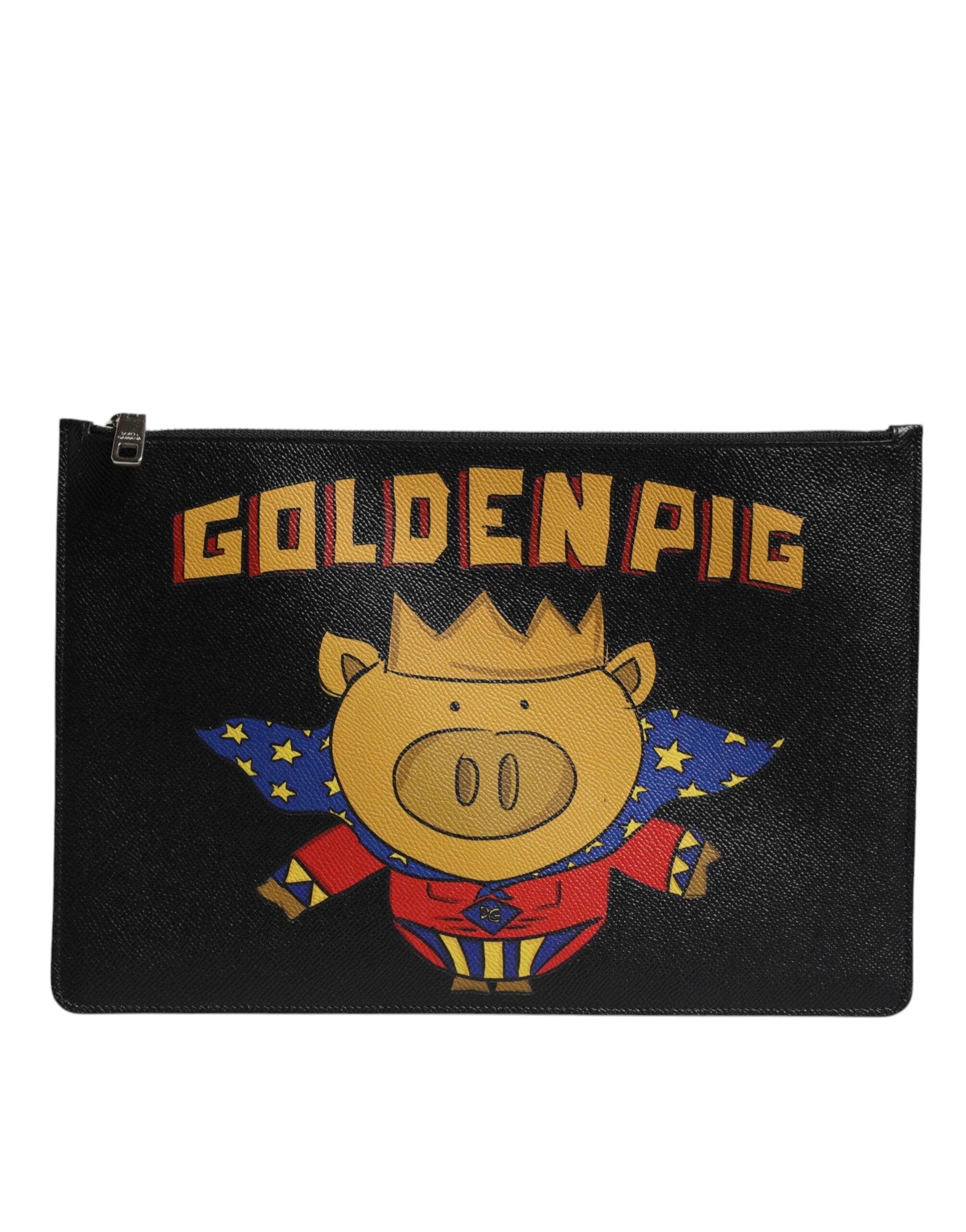 Dolce & Gabbana Black Leather Golden Pig Print Men Clutch Pouch Borse Bag by Dolce & Gabbana