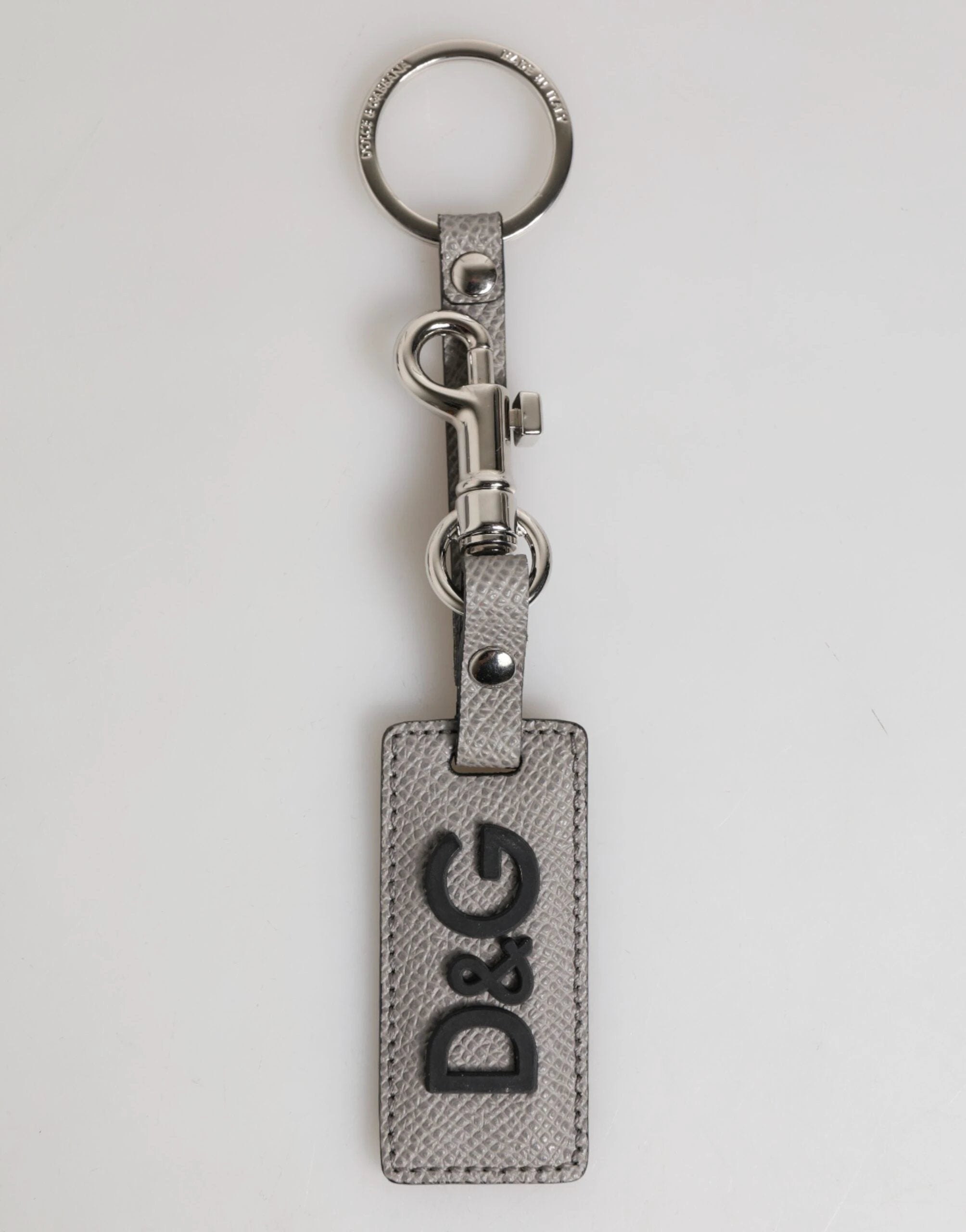 Dolce & Gabbana Gray Leather Logo Metal Ring Keychain Holder Men Keyring by Dolce & Gabbana