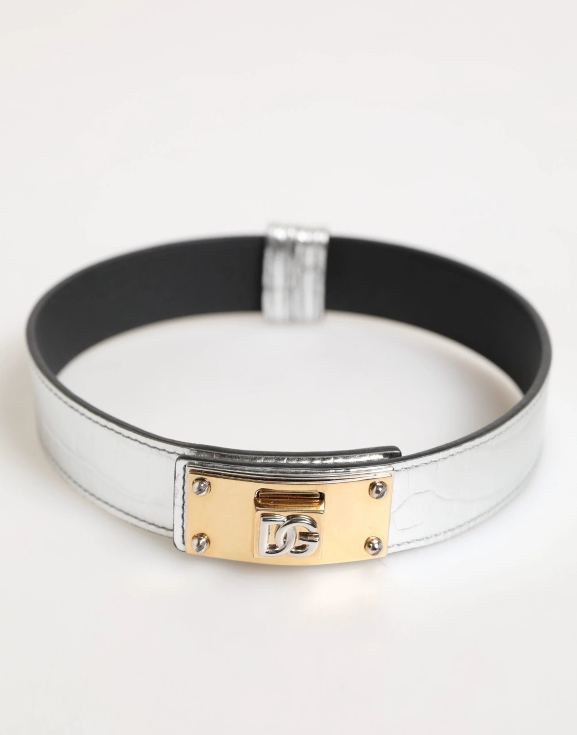 Dolce & Gabbana Silver Textured Leather Gold Tone Metal Neckband by Dolce & Gabbana
