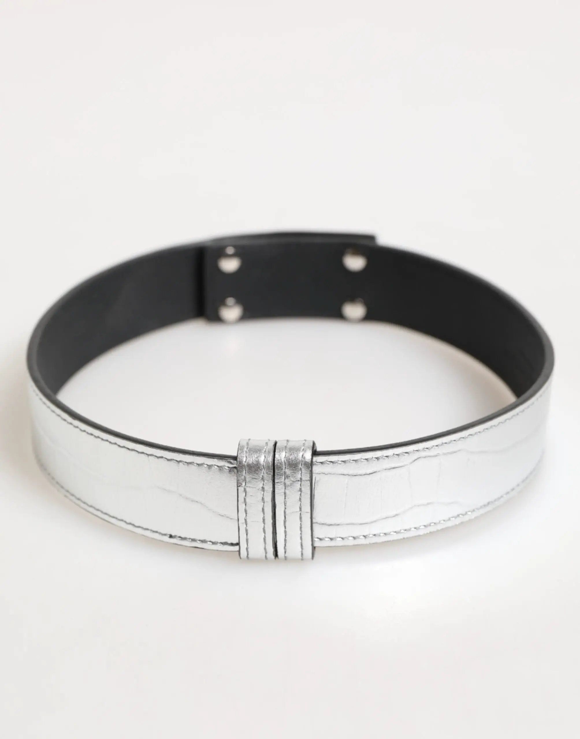 Dolce & Gabbana Silver Textured Leather Gold Tone Metal Neckband