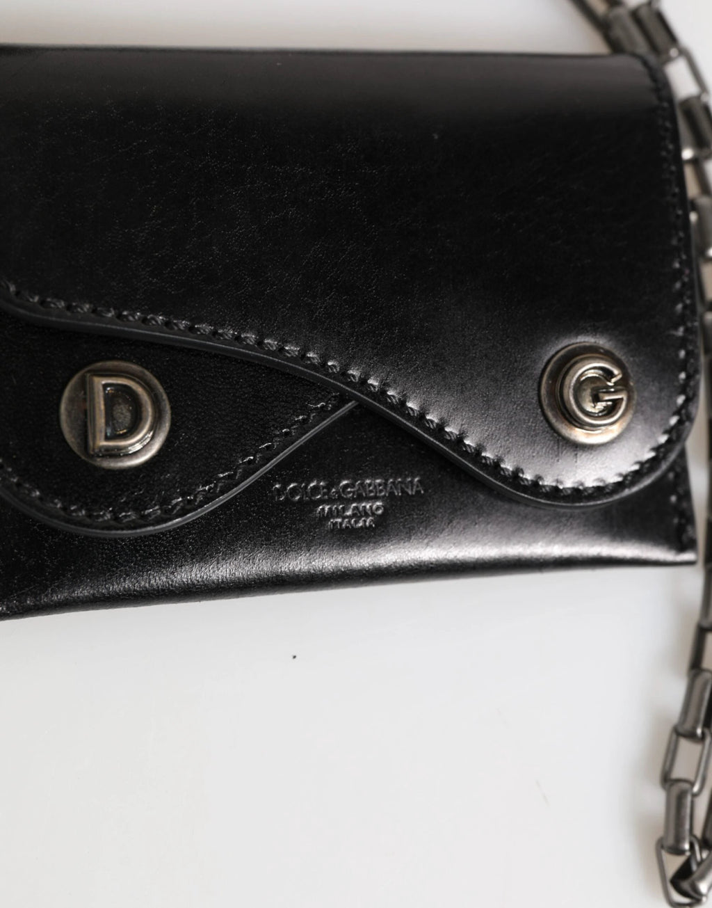 Dolce & Gabbana Black Cavallo Leather Wallet Chain Snap Bifold Card Holder by Dolce & Gabbana