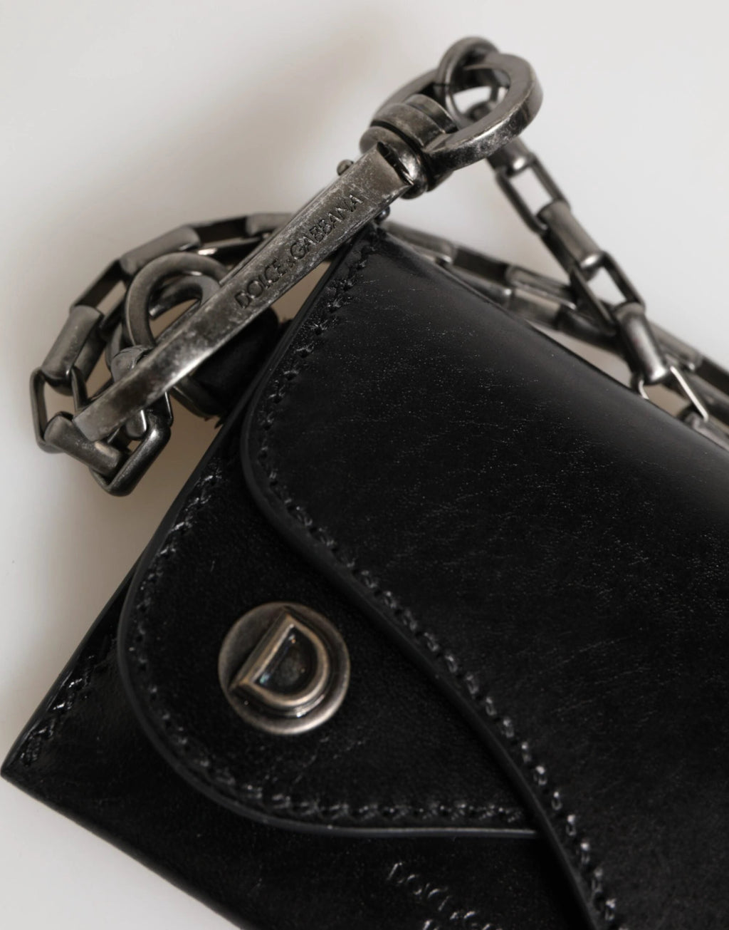 Dolce & Gabbana Black Cavallo Leather Wallet Chain Snap Bifold Card Holder by Dolce & Gabbana