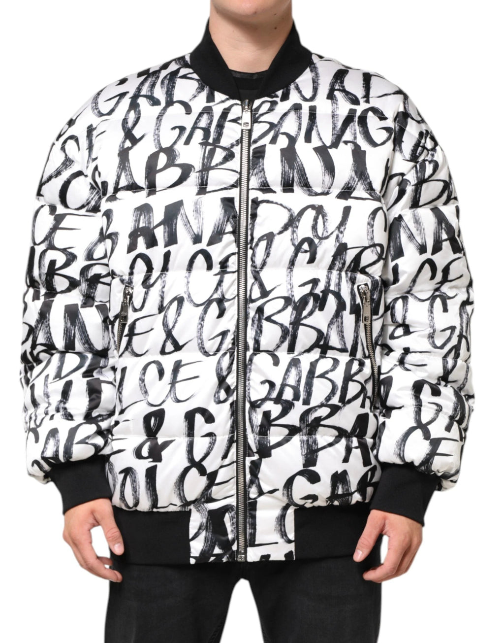 Dolce & Gabbana White Black Graffiti Logo Puffer Bomber Jacket by Dolce & Gabbana