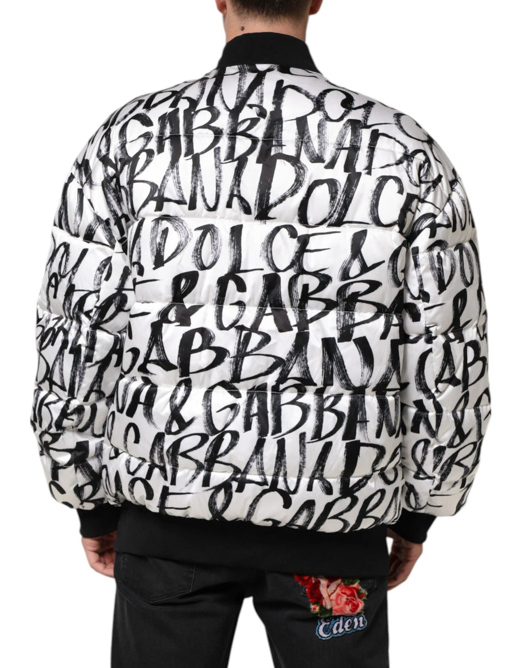 Dolce & Gabbana White Black Graffiti Logo Puffer Bomber Jacket by Dolce & Gabbana