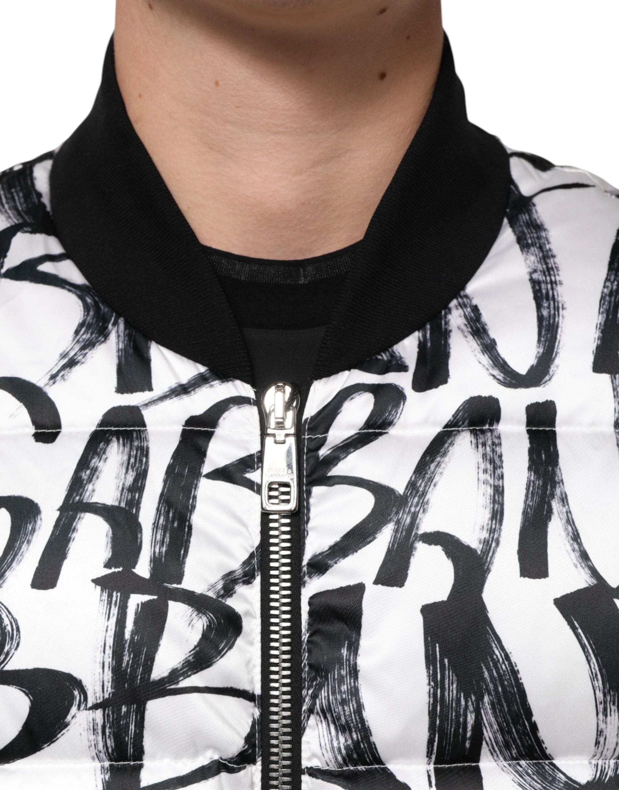 Dolce & Gabbana White Black Graffiti Logo Puffer Bomber Jacket by Dolce & Gabbana