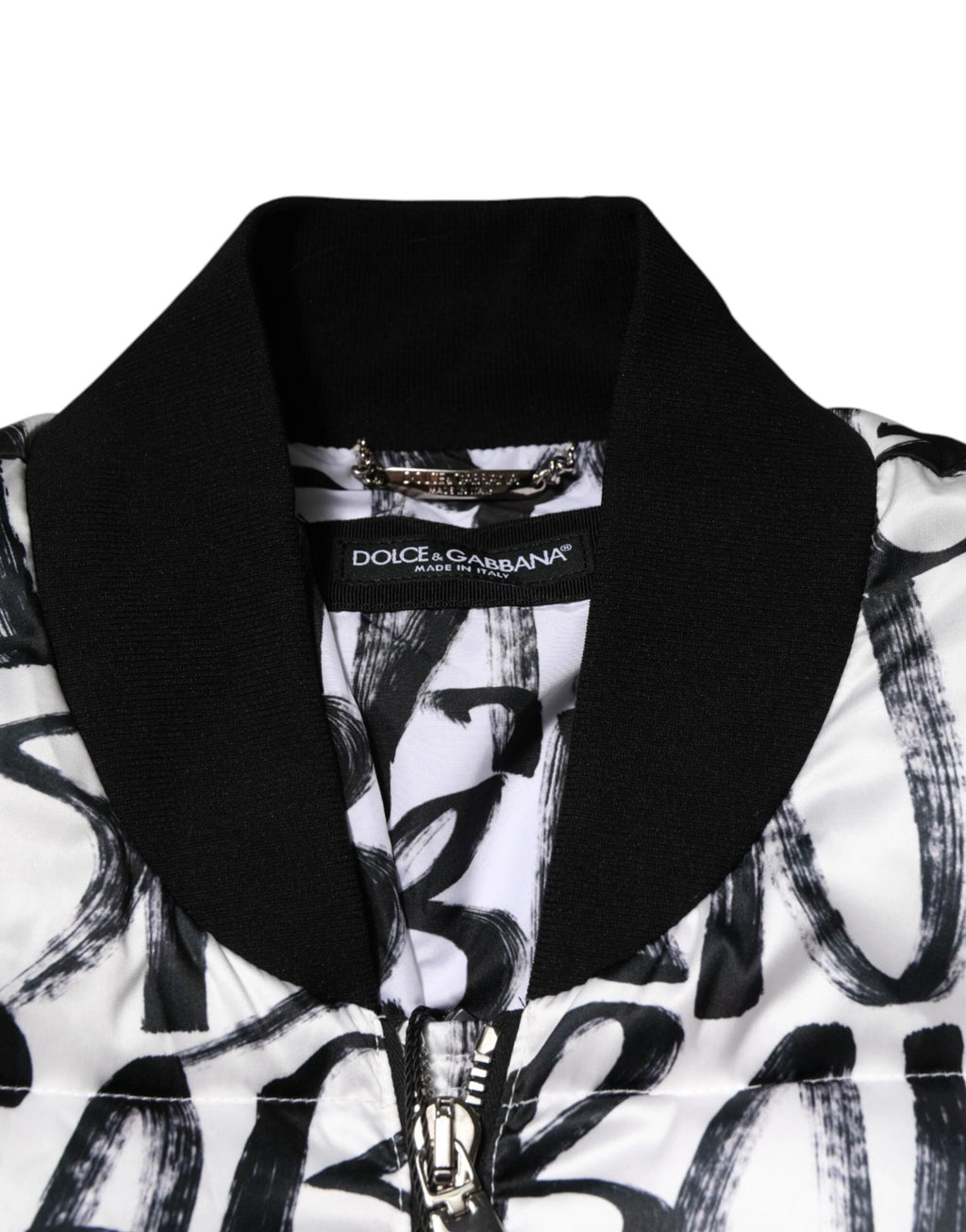 Dolce & Gabbana White Black Graffiti Logo Puffer Bomber Jacket by Dolce & Gabbana