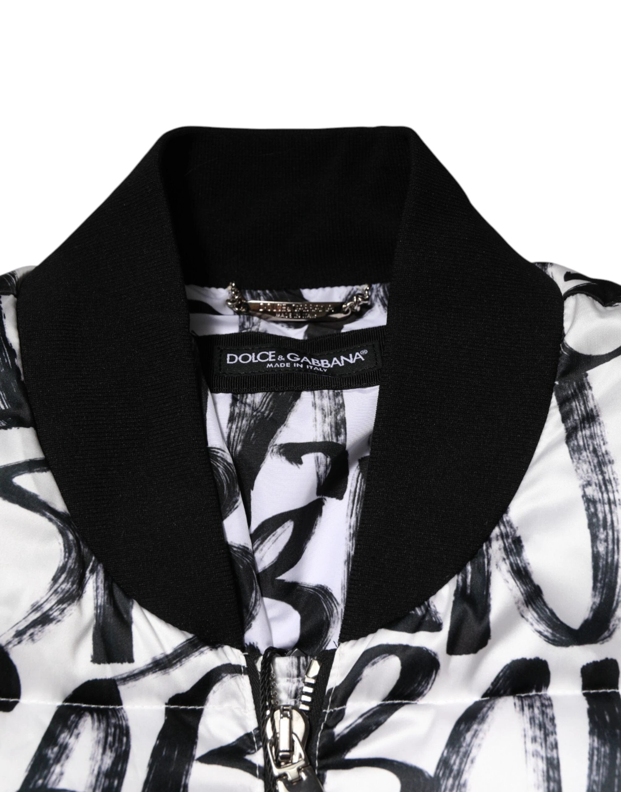 Dolce & Gabbana White Black Graffiti Logo Puffer Bomber Jacket by Dolce & Gabbana