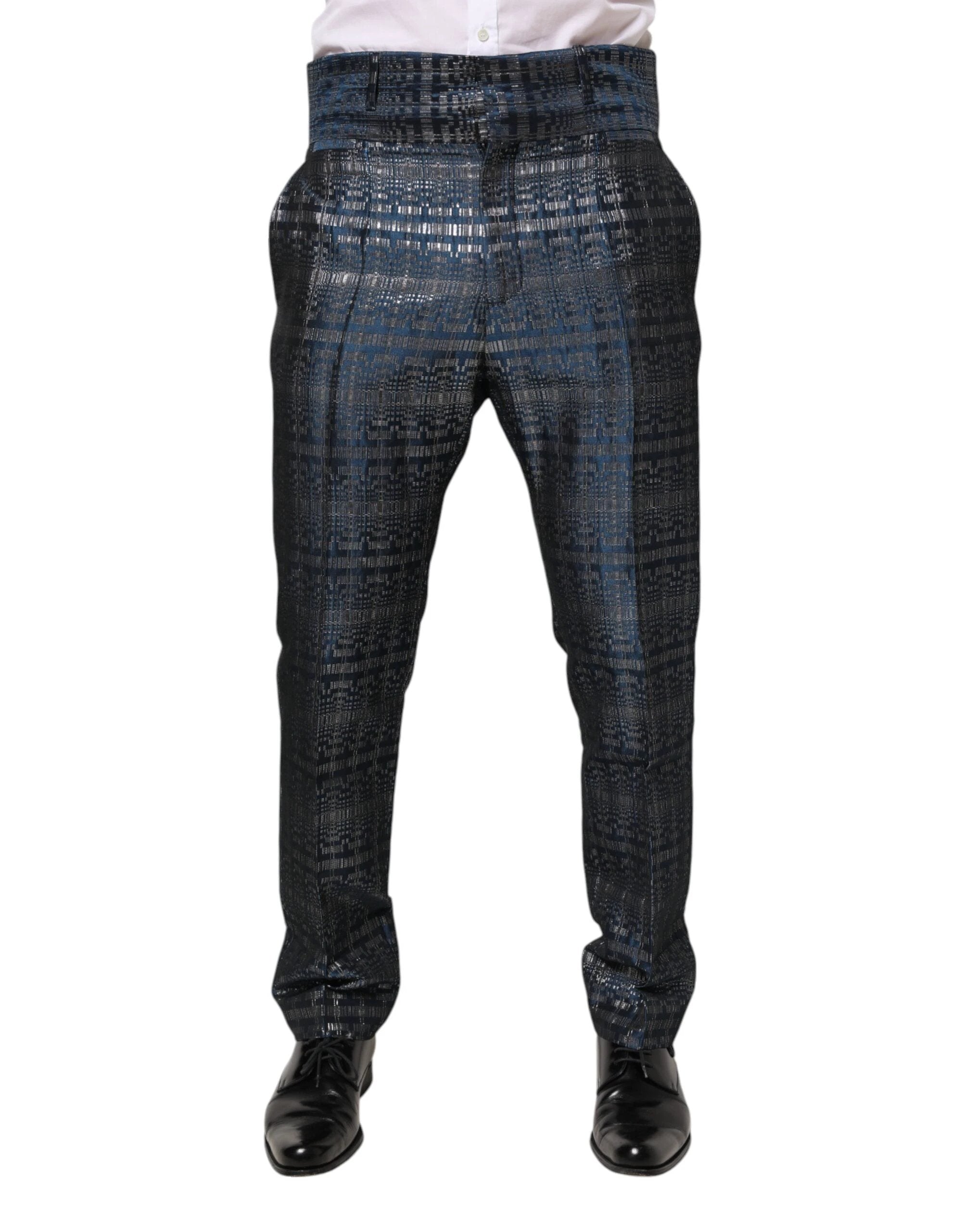 Dolce & Gabbana Blue Silver Shiny Silk Skinny Men Trouser Pants by Dolce & Gabbana