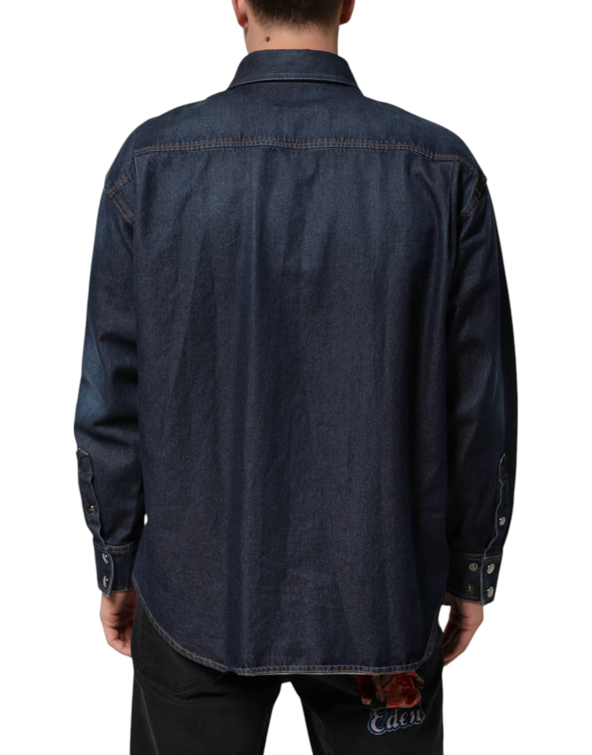 Dolce & Gabbana Blue Denim Button Casual Logo Patch Men Shirt by Dolce & Gabbana