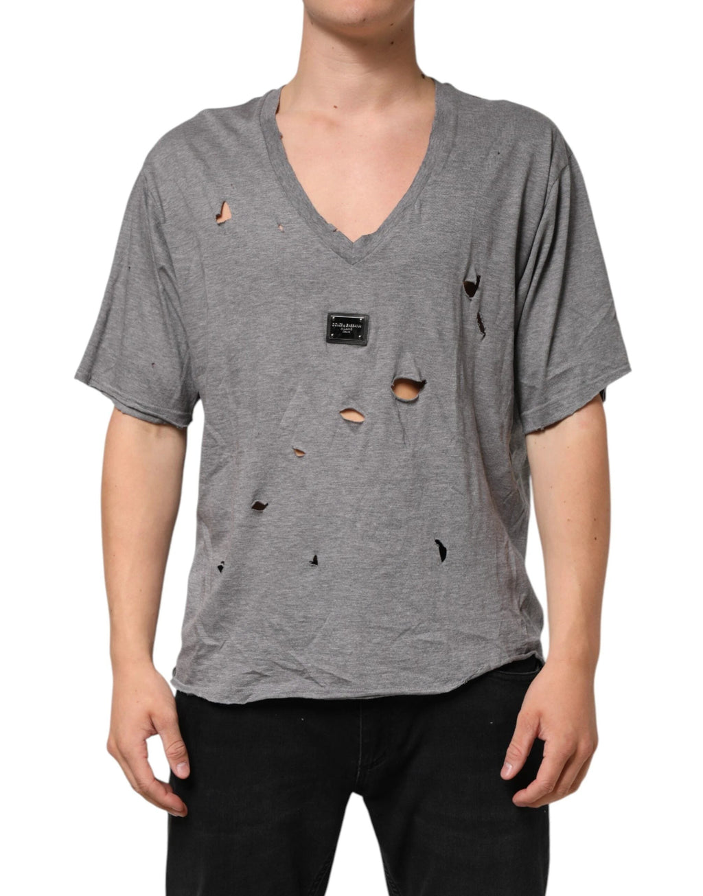 Dolce & Gabbana Gray Cotton Tattered Logo Patch Men T-shirt by Dolce & Gabbana