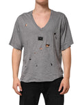 Dolce & Gabbana Gray Cotton Tattered Logo Patch Men T-shirt by Dolce & Gabbana