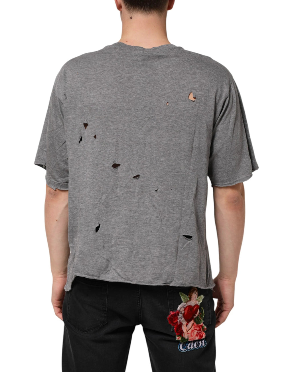 Dolce & Gabbana Gray Cotton Tattered Logo Patch Men T-shirt by Dolce & Gabbana