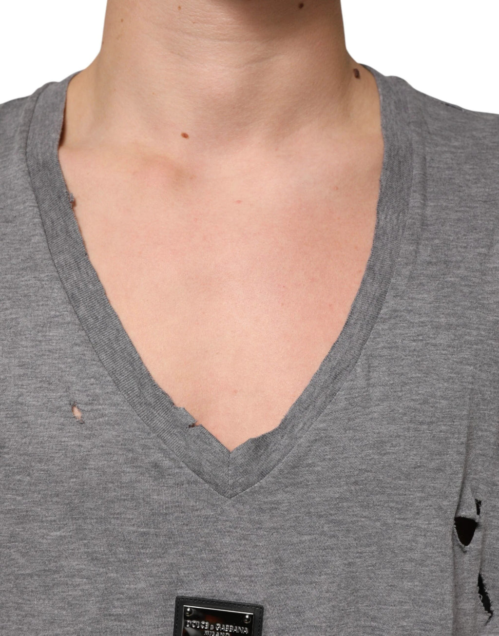 Dolce & Gabbana Gray Cotton Tattered Logo Patch Men T-shirt by Dolce & Gabbana