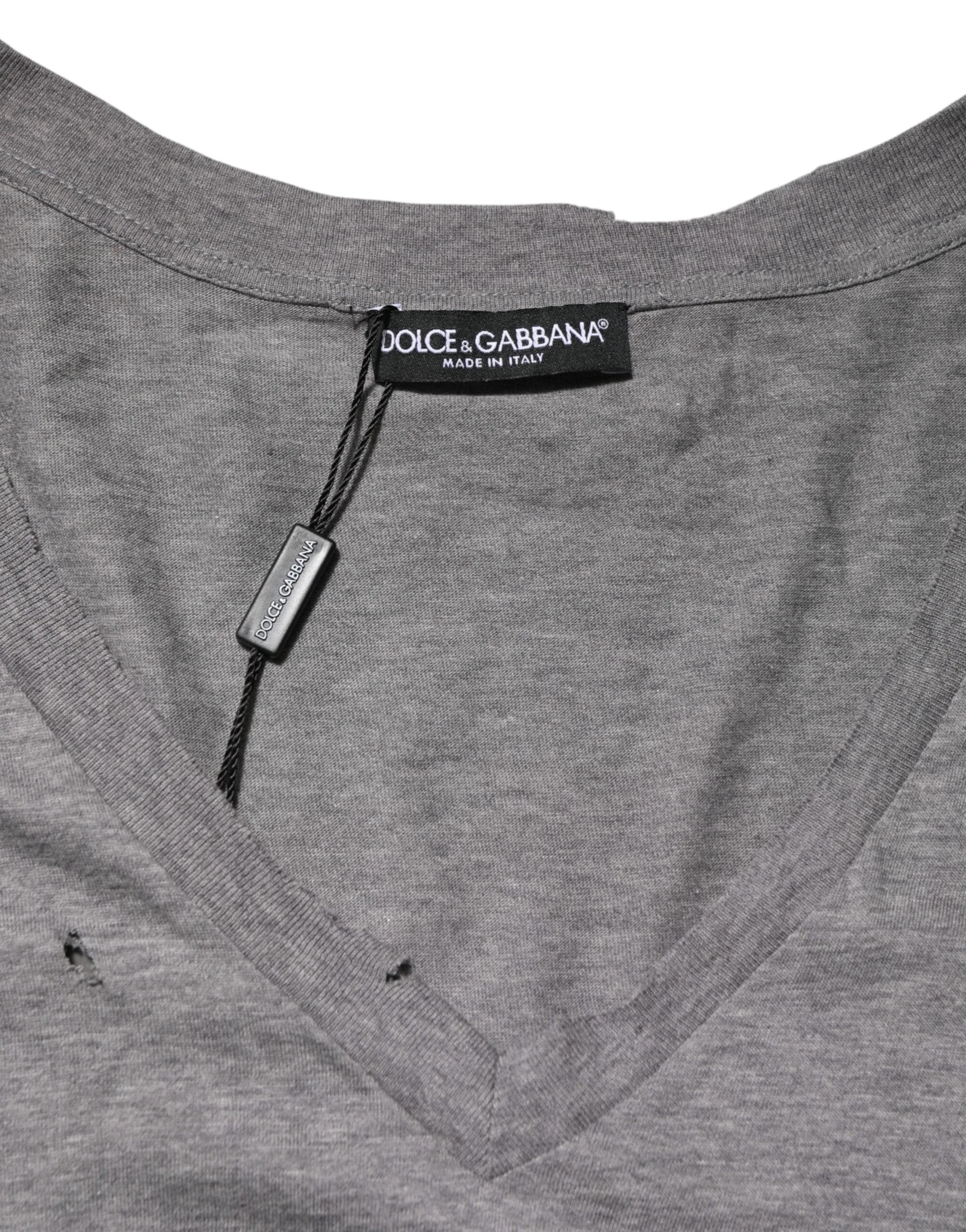 Dolce & Gabbana Gray Cotton Tattered Logo Patch Men T-shirt by Dolce & Gabbana