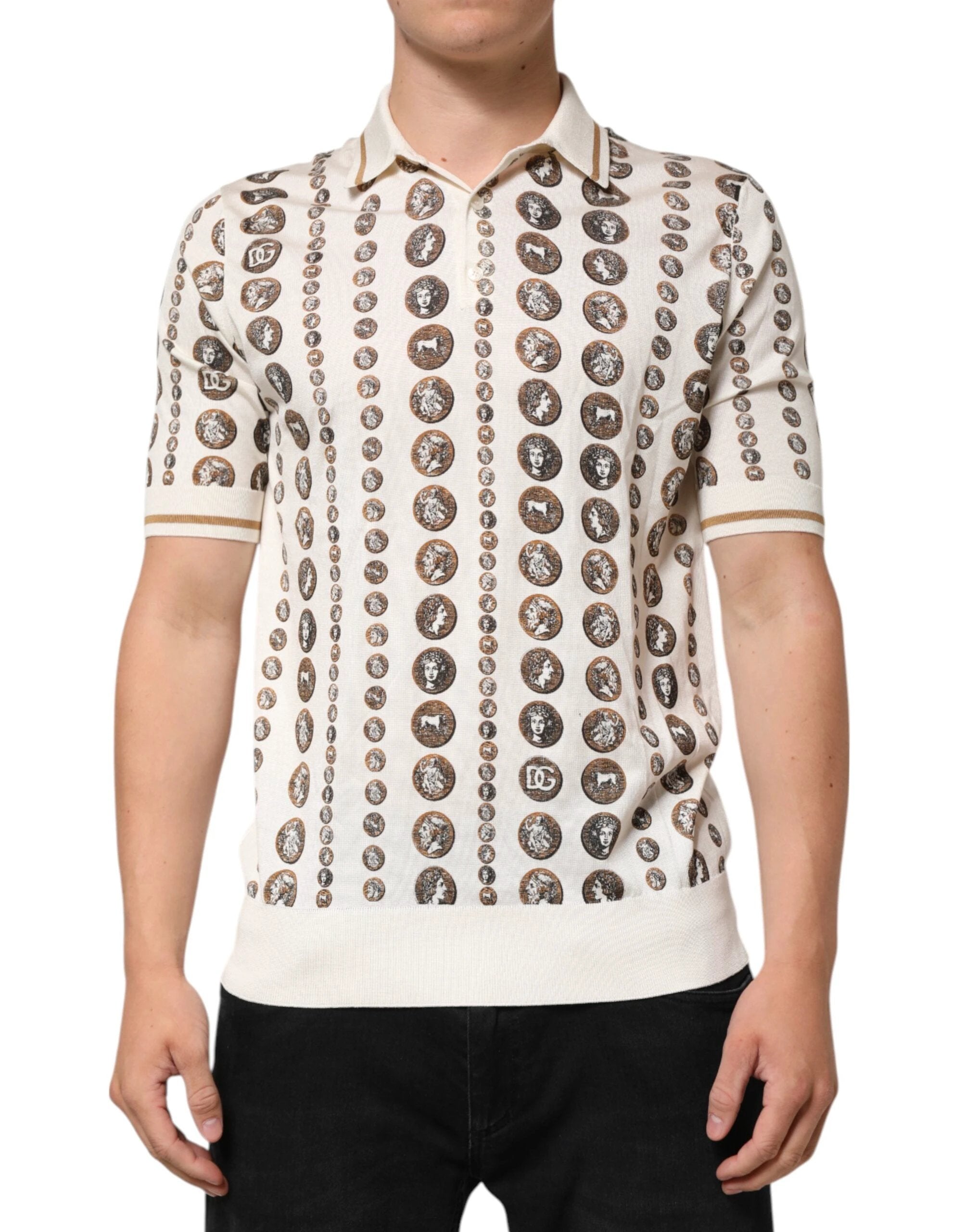 Dolce & Gabbana Silk Ivory Coin Print Logo Men Polo T-shirt by Dolce & Gabbana
