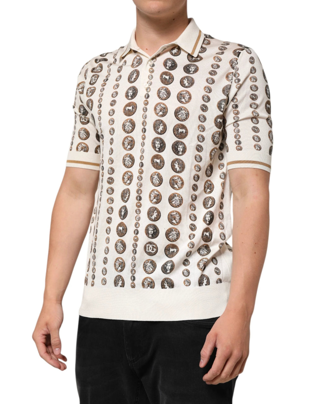 Dolce & Gabbana Silk Ivory Coin Print Logo Men Polo T-shirt by Dolce & Gabbana