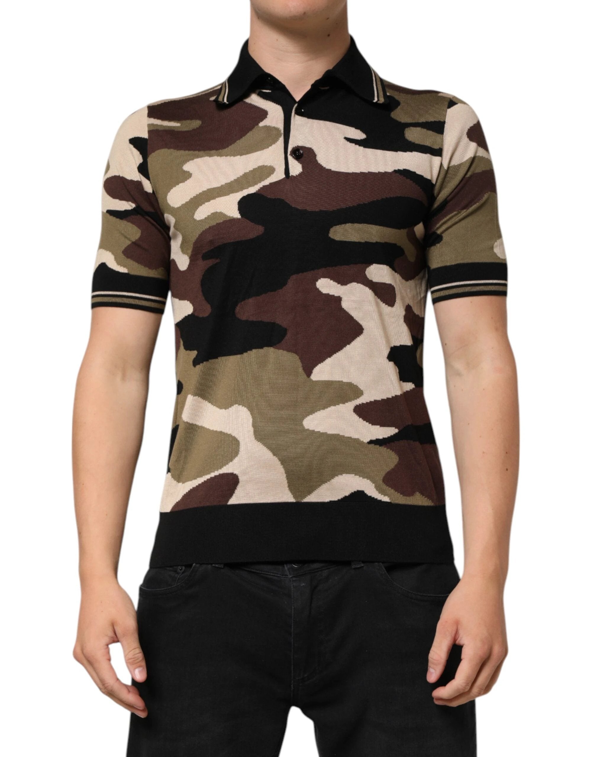 Dolce & Gabbana Camouflage Brown Silk MilitaryPolo T-shirt by Dolce & Gabbana