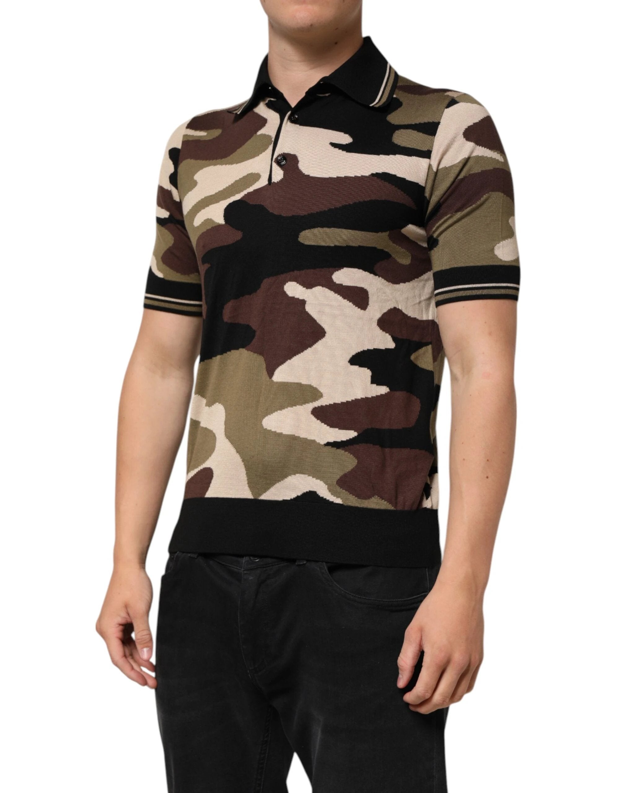 Dolce & Gabbana Camouflage Brown Silk MilitaryPolo T-shirt by Dolce & Gabbana