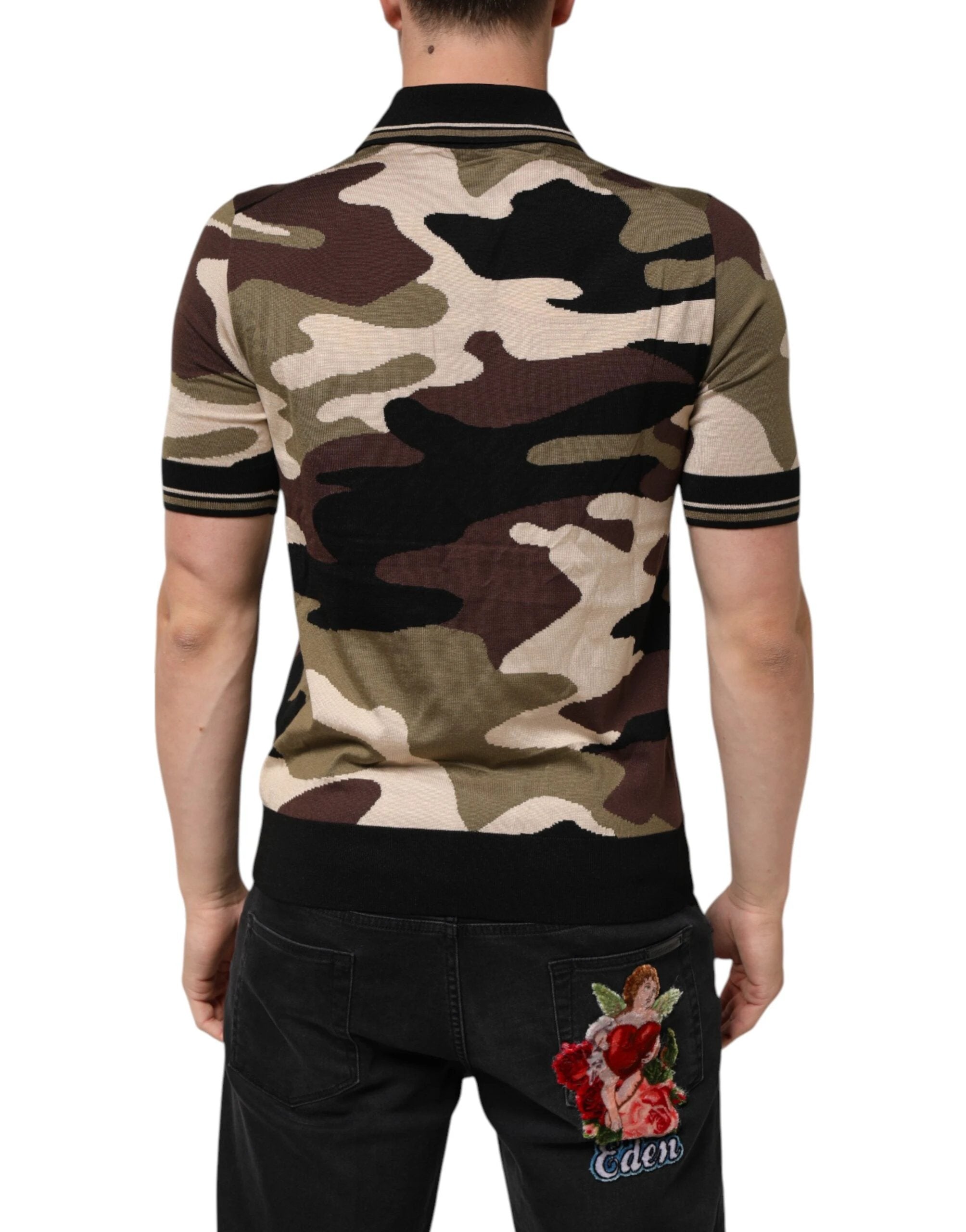 Dolce & Gabbana Camouflage Brown Silk MilitaryPolo T-shirt by Dolce & Gabbana