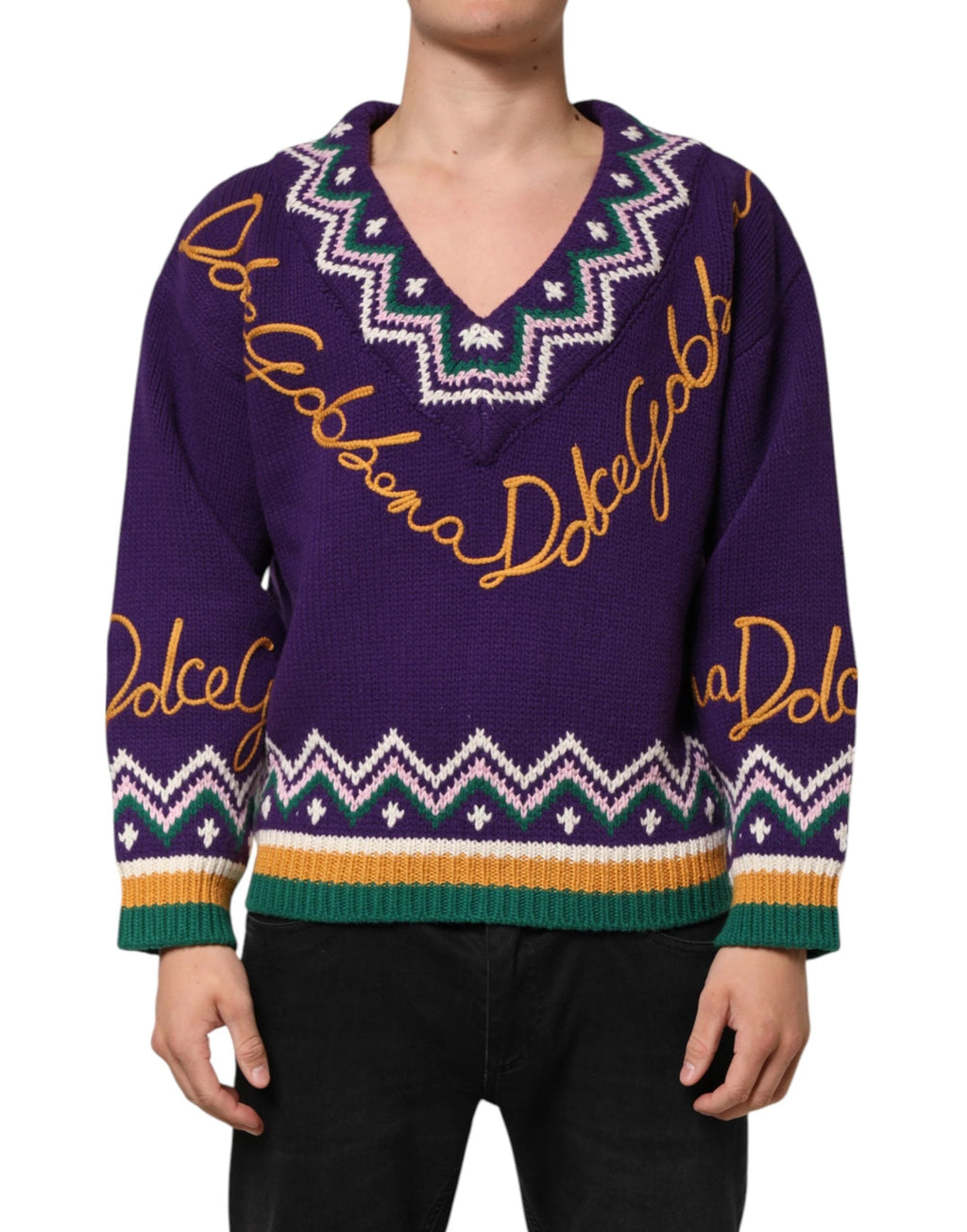 Dolce & Gabbana Purple Wool DG Logo Men Knit Pullover Sweater by Dolce & Gabbana
