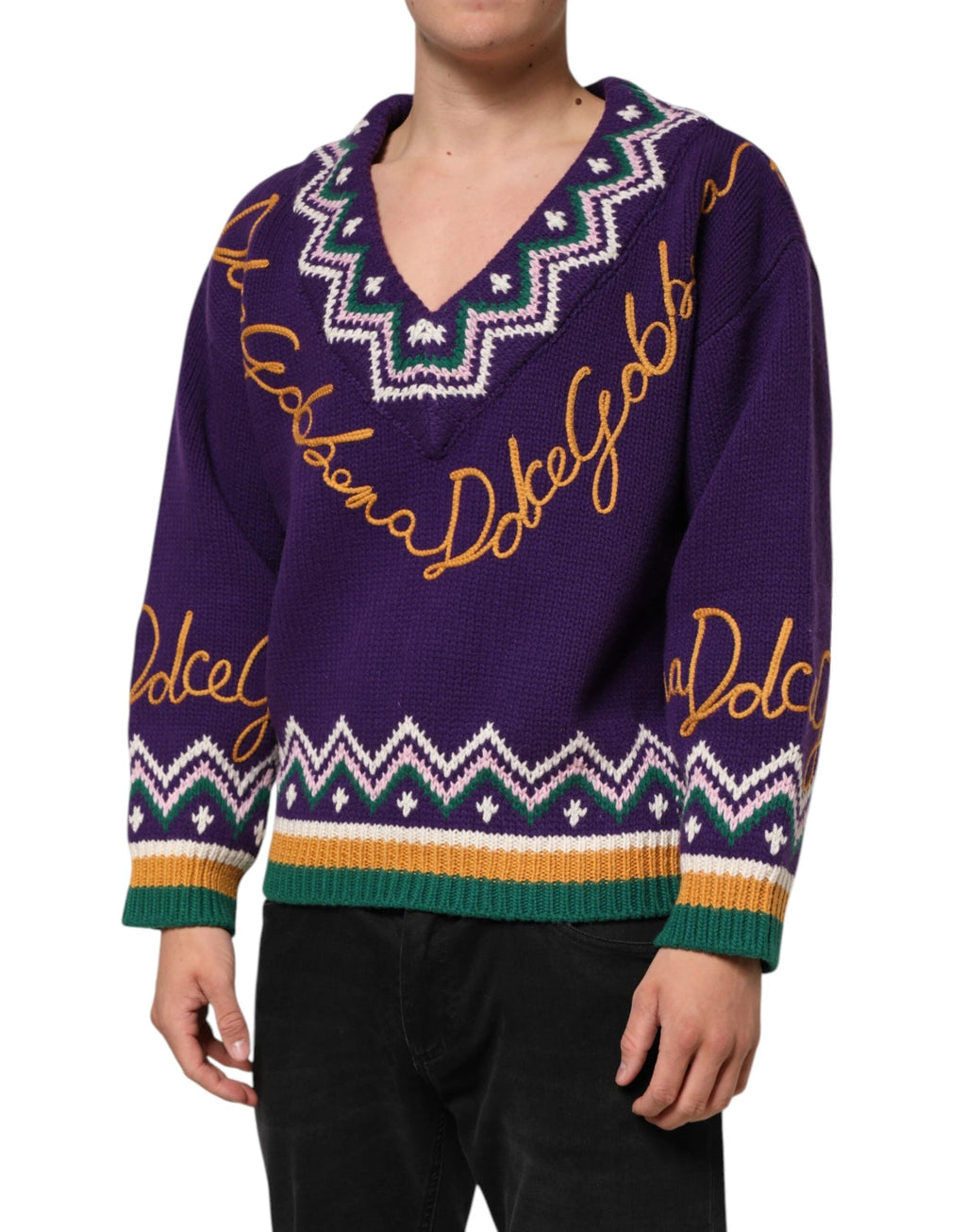 Dolce & Gabbana Purple Wool DG Logo Men Knit Pullover Sweater by Dolce & Gabbana