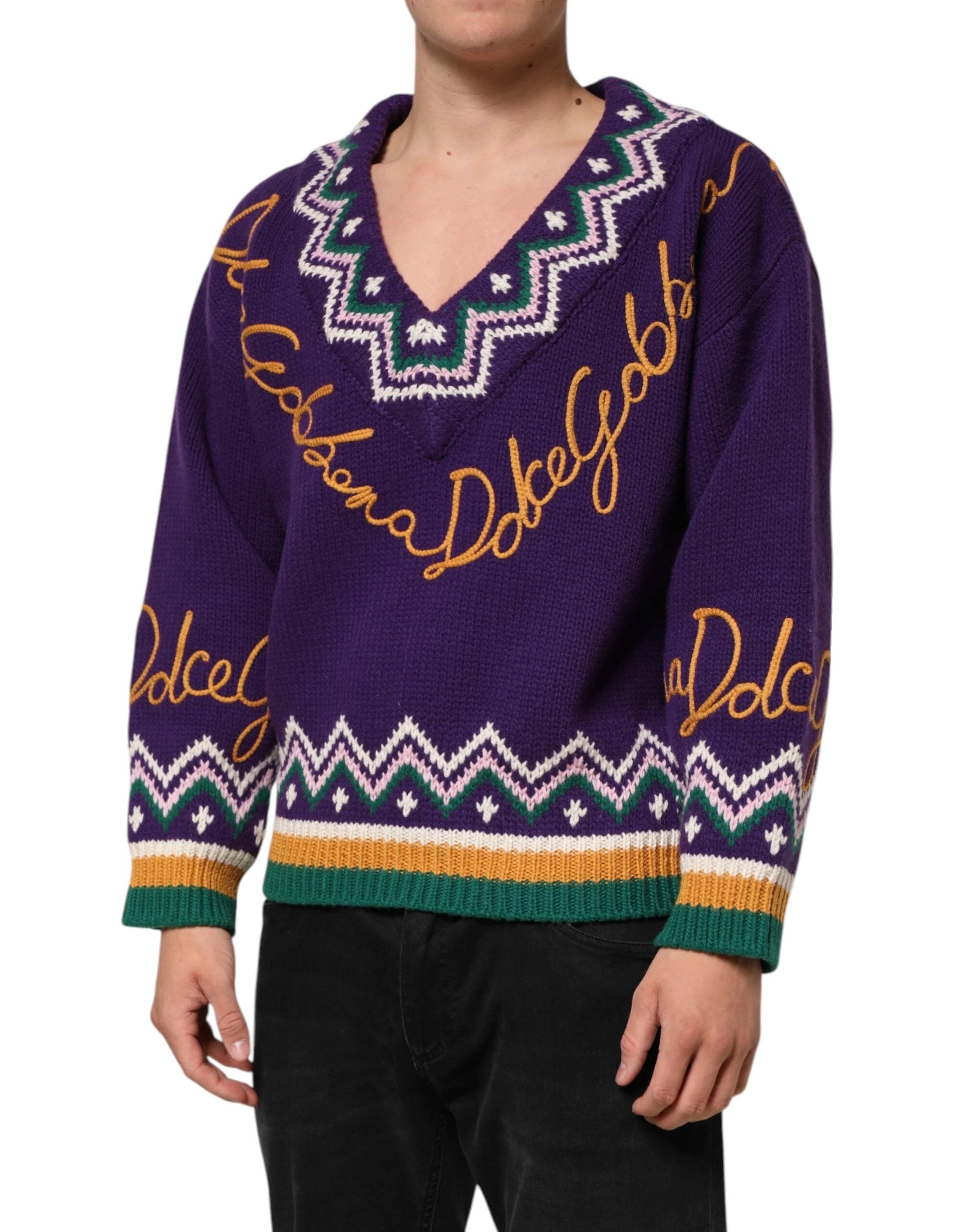 Dolce & Gabbana Purple Wool DG Logo Men Knit Pullover Sweater by Dolce & Gabbana