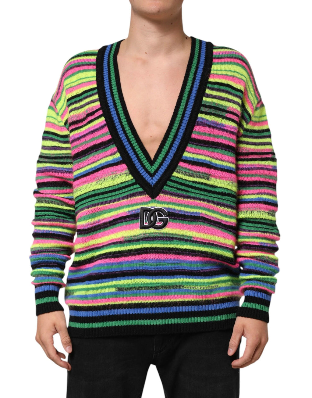 Dolce & Gabbana Multicolor DG Logo V-Neck Knit Pullover Sweater by Dolce & Gabbana