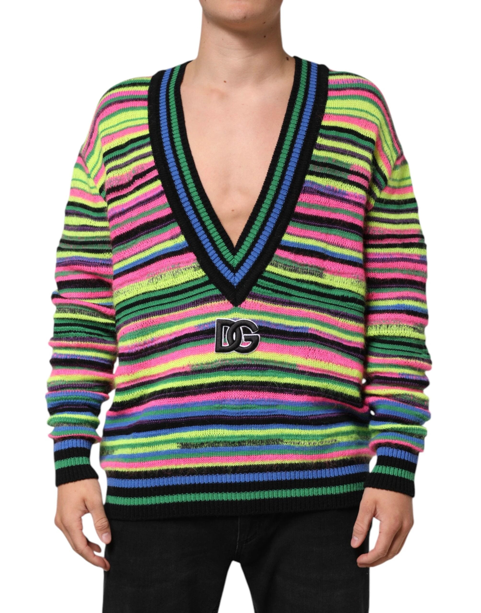 Dolce & Gabbana Multicolor DG Logo V-Neck Knit Pullover Sweater by Dolce & Gabbana