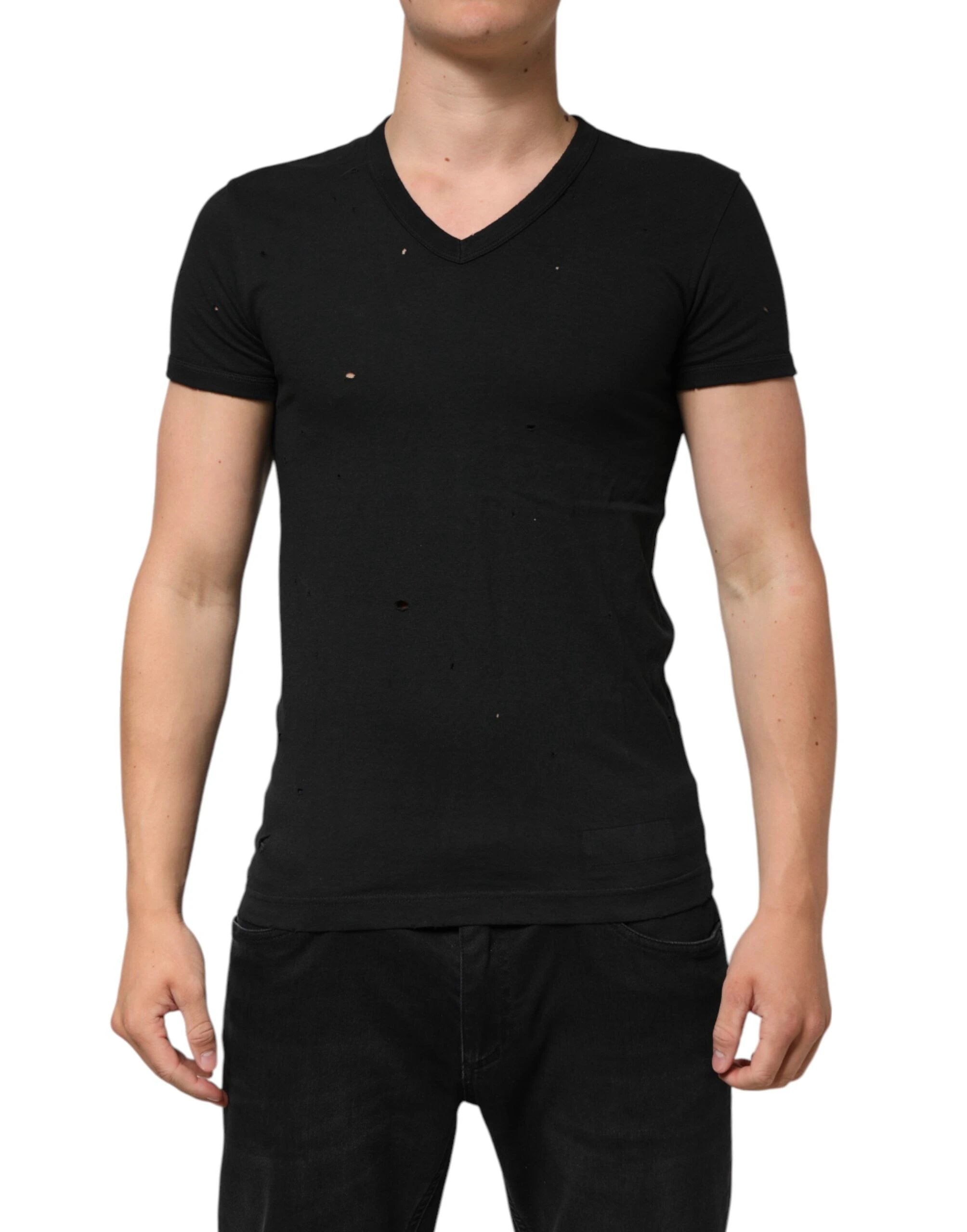 Dolce & Gabbana Black Cotton Tattered Logo V-Neck Men T-shirt by Dolce & Gabbana