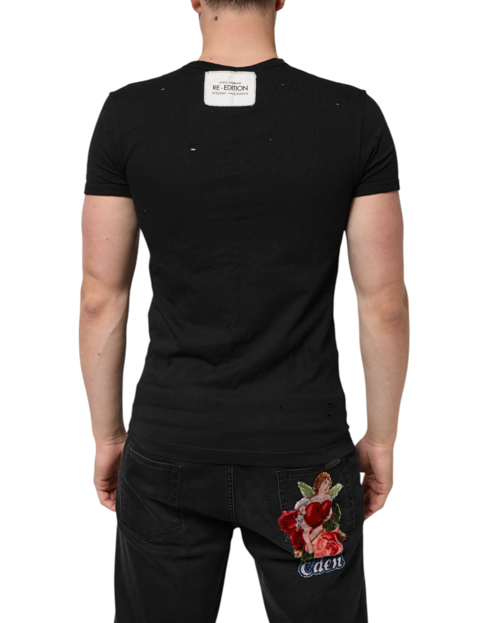 Dolce & Gabbana Black Cotton Tattered Logo V-Neck Men T-shirt by Dolce & Gabbana