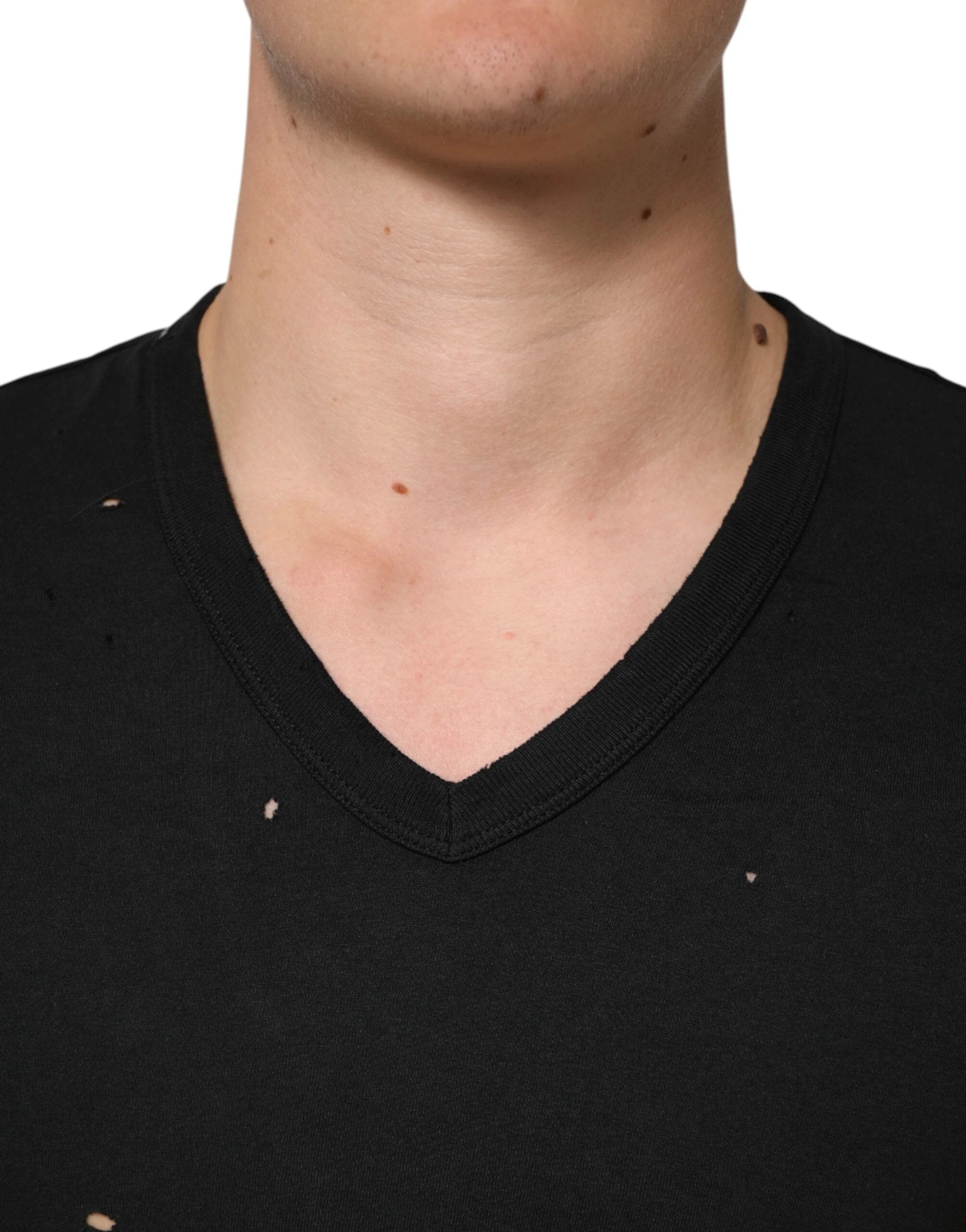 Dolce & Gabbana Black Cotton Tattered Logo V-Neck Men T-shirt by Dolce & Gabbana