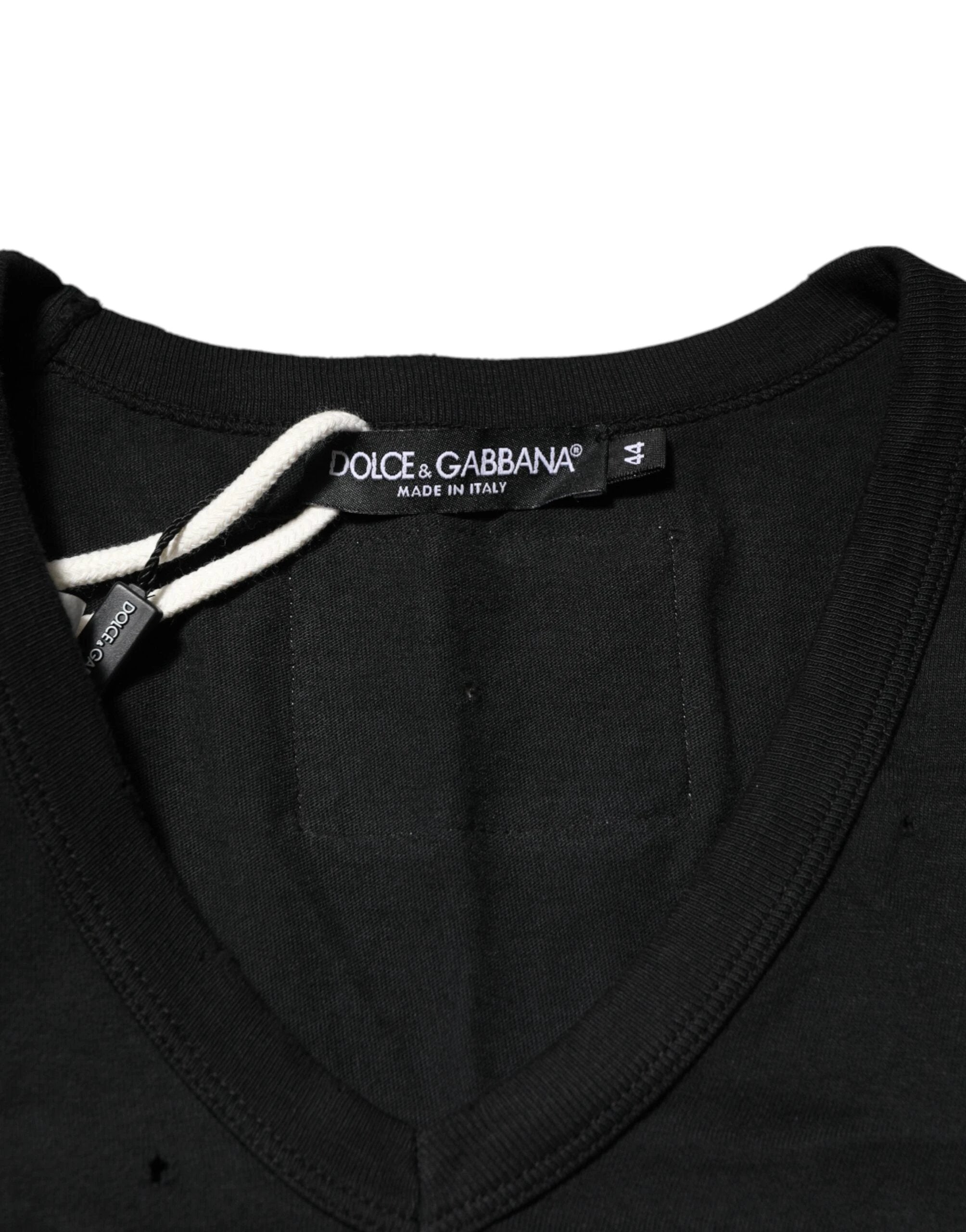 Dolce & Gabbana Black Cotton Tattered Logo V-Neck Men T-shirt by Dolce & Gabbana
