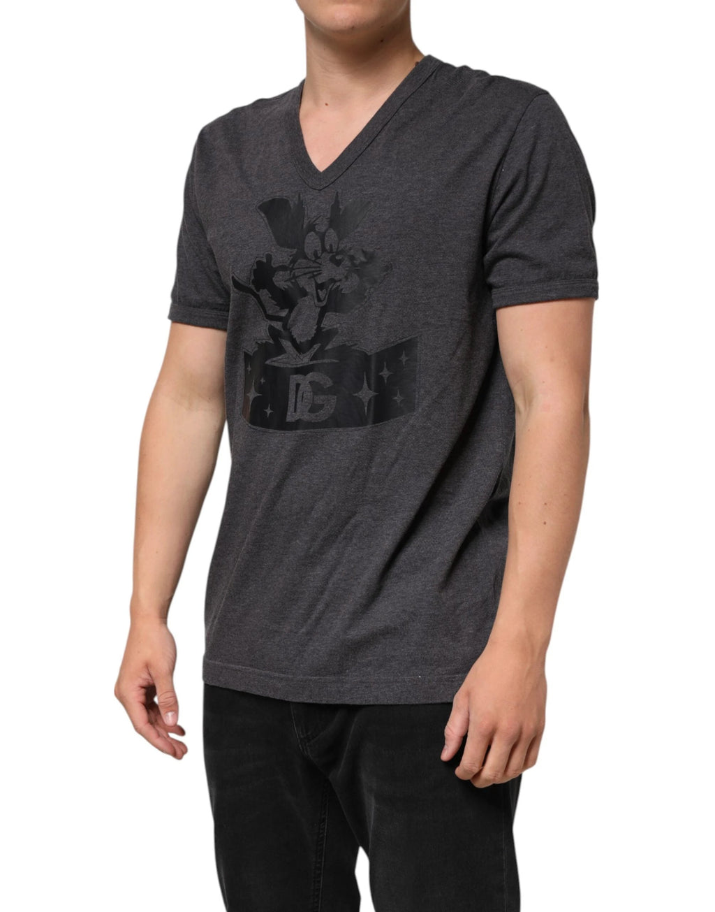 Dolce & Gabbana Black Charcoal DG Logo V-Neck Men T-shirt by Dolce & Gabbana