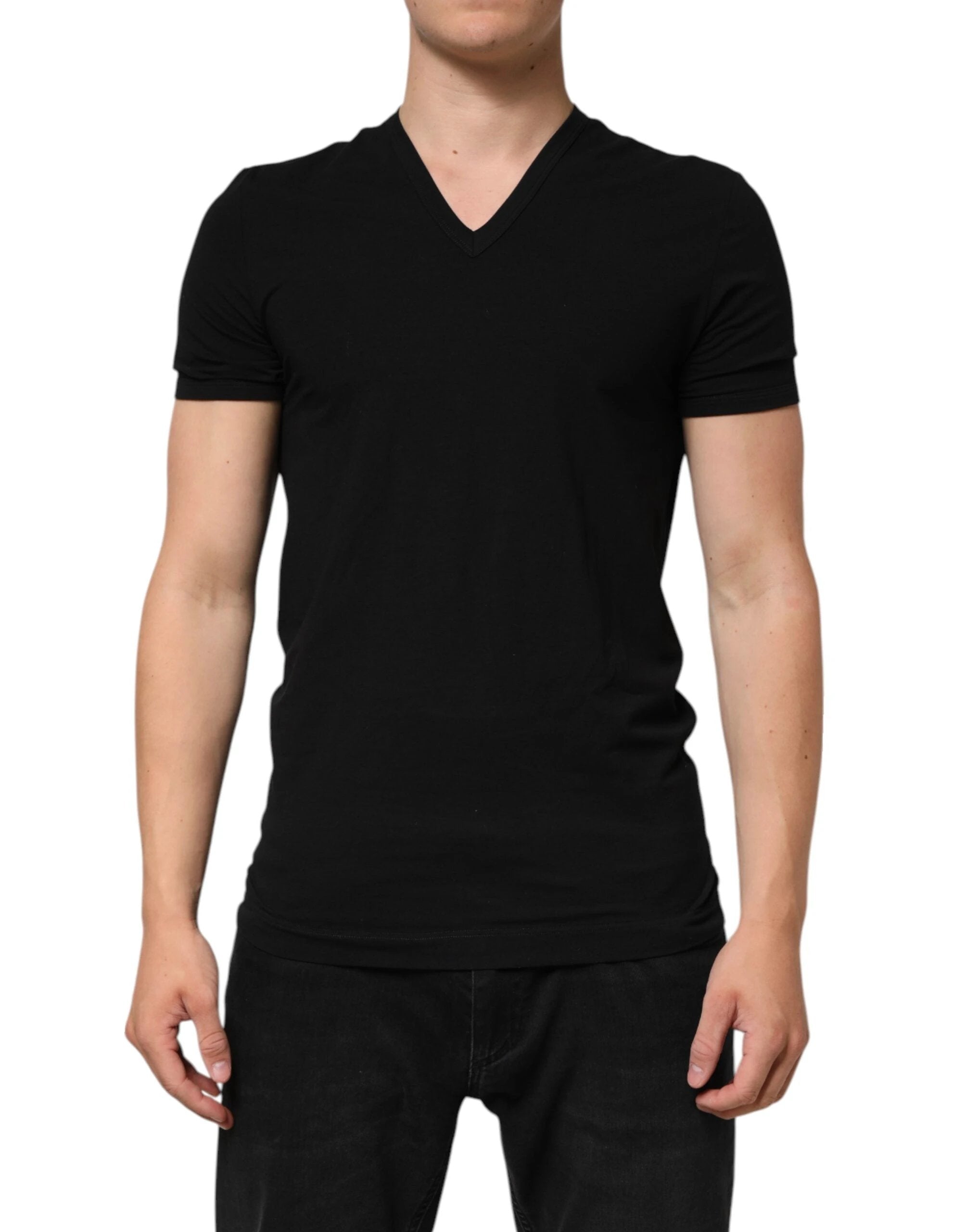 Dolce & Gabbana Black Cotton Slim Fit Men V-Neck Shirt T-shirt by Dolce & Gabbana