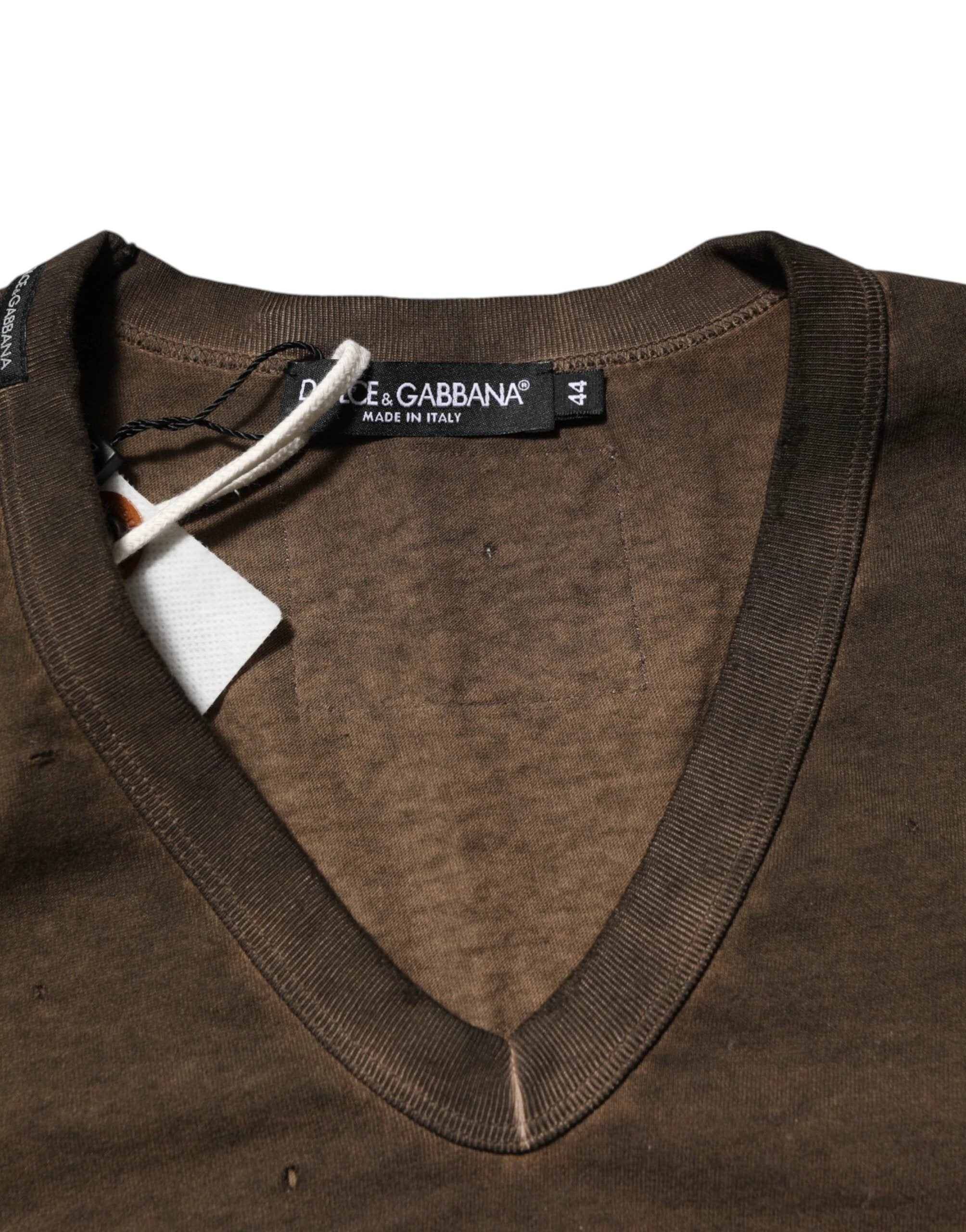 Dolce & Gabbana Dark Brown Cotton Tattered Logo Men T-shirt by Dolce & Gabbana
