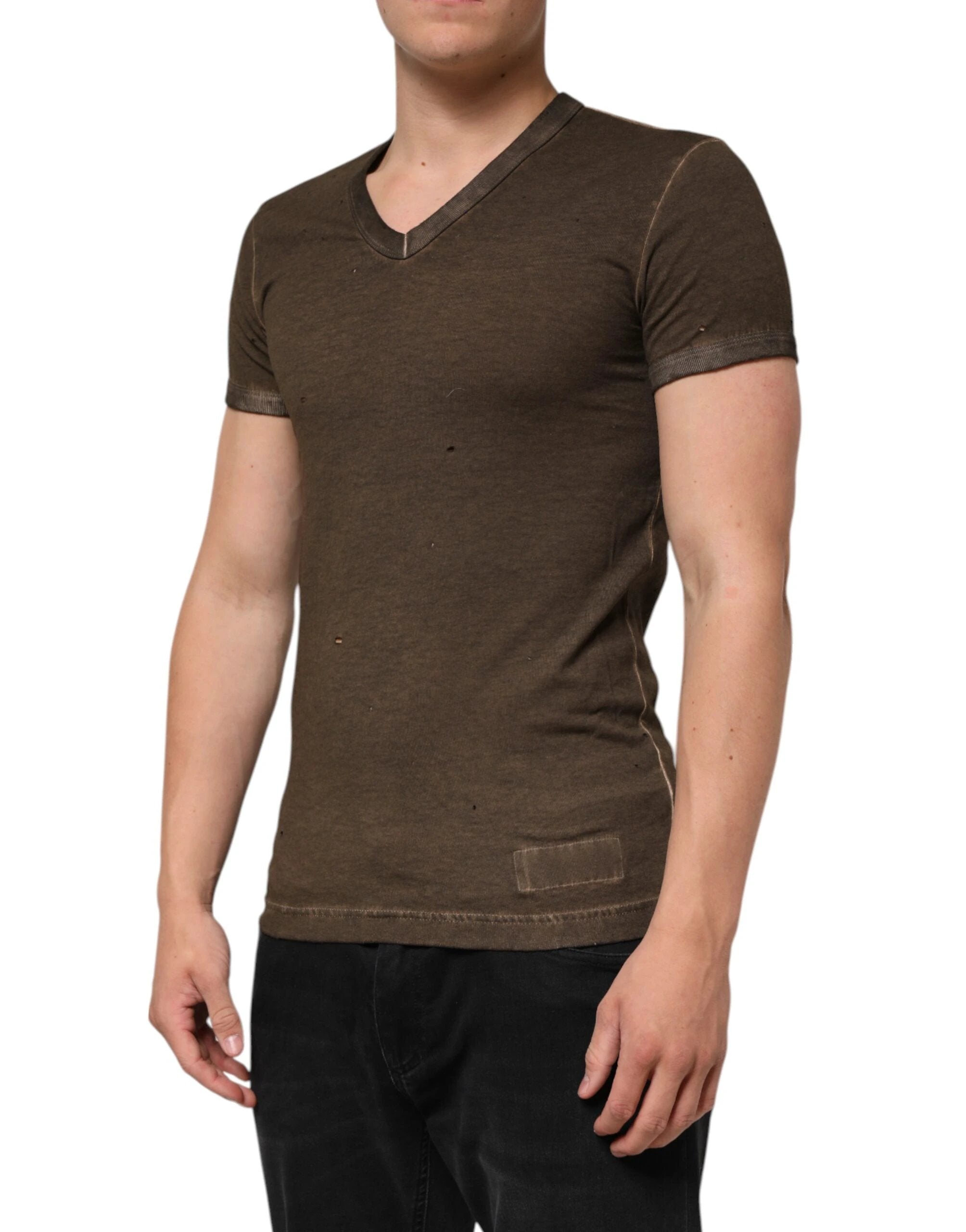 Dolce & Gabbana Dark Brown Cotton Tattered Logo Men T-shirt by Dolce & Gabbana