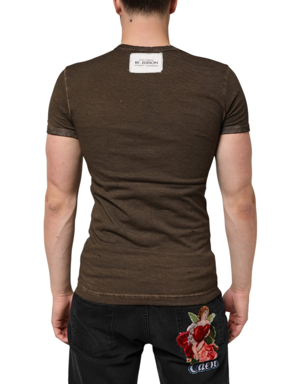 Dolce & Gabbana Dark Brown Cotton Tattered Logo Men T-shirt by Dolce & Gabbana