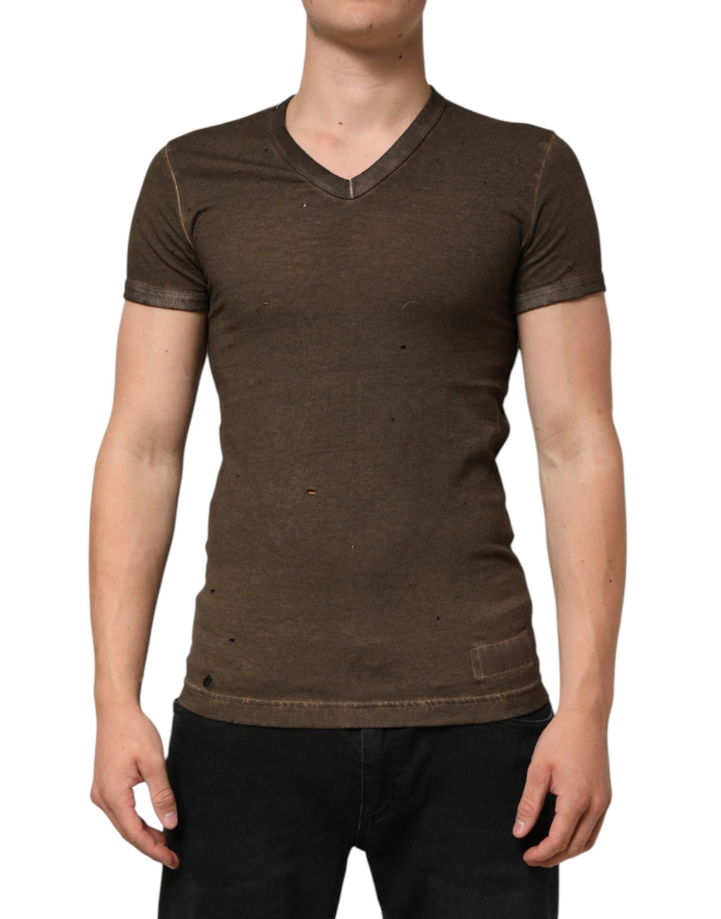 Dolce & Gabbana Dark Brown Cotton Tattered Logo Men T-shirt by Dolce & Gabbana