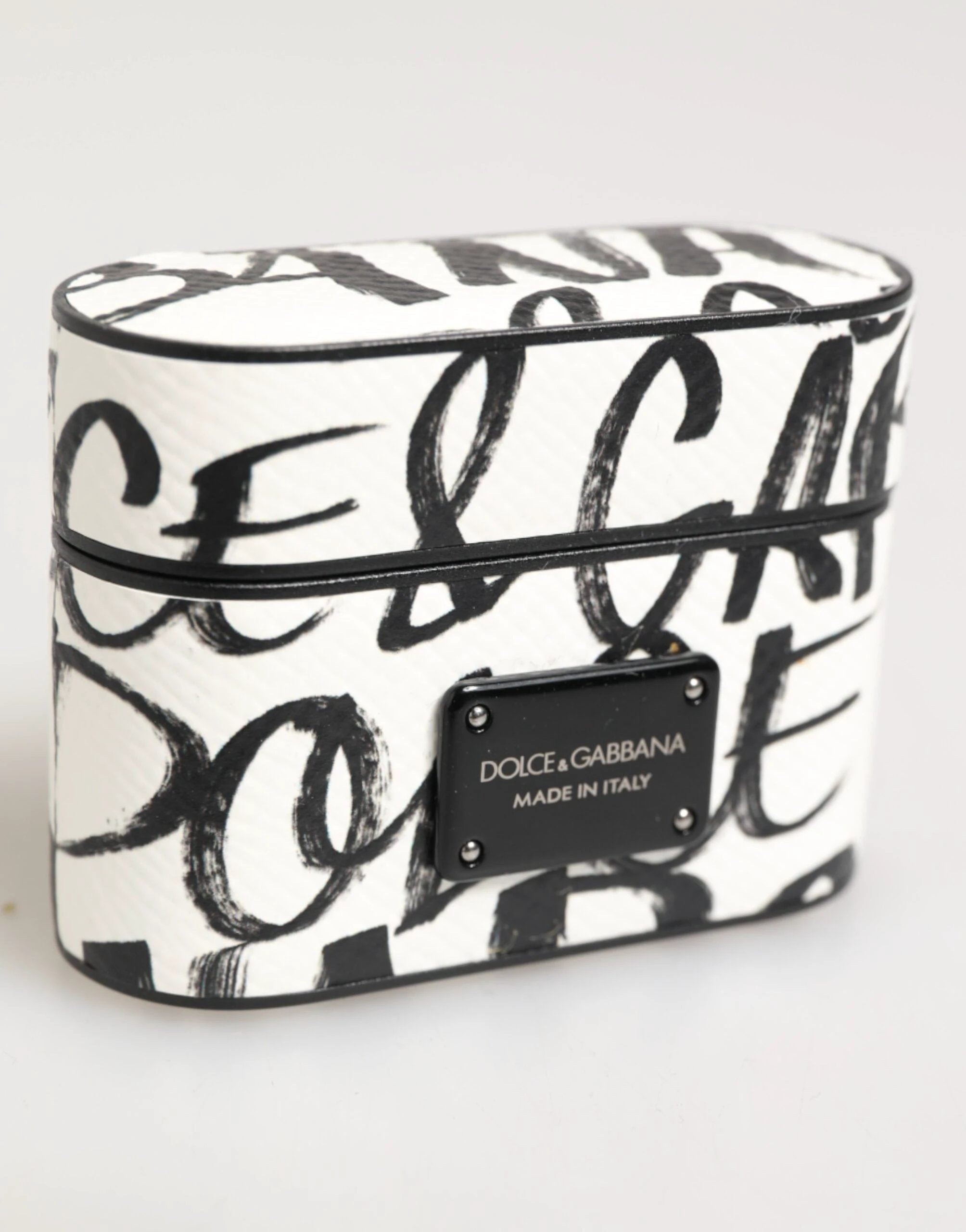 Dolce & Gabbana Black White Leather Monogram Print Logo Holder Airpods Case by Dolce & Gabbana