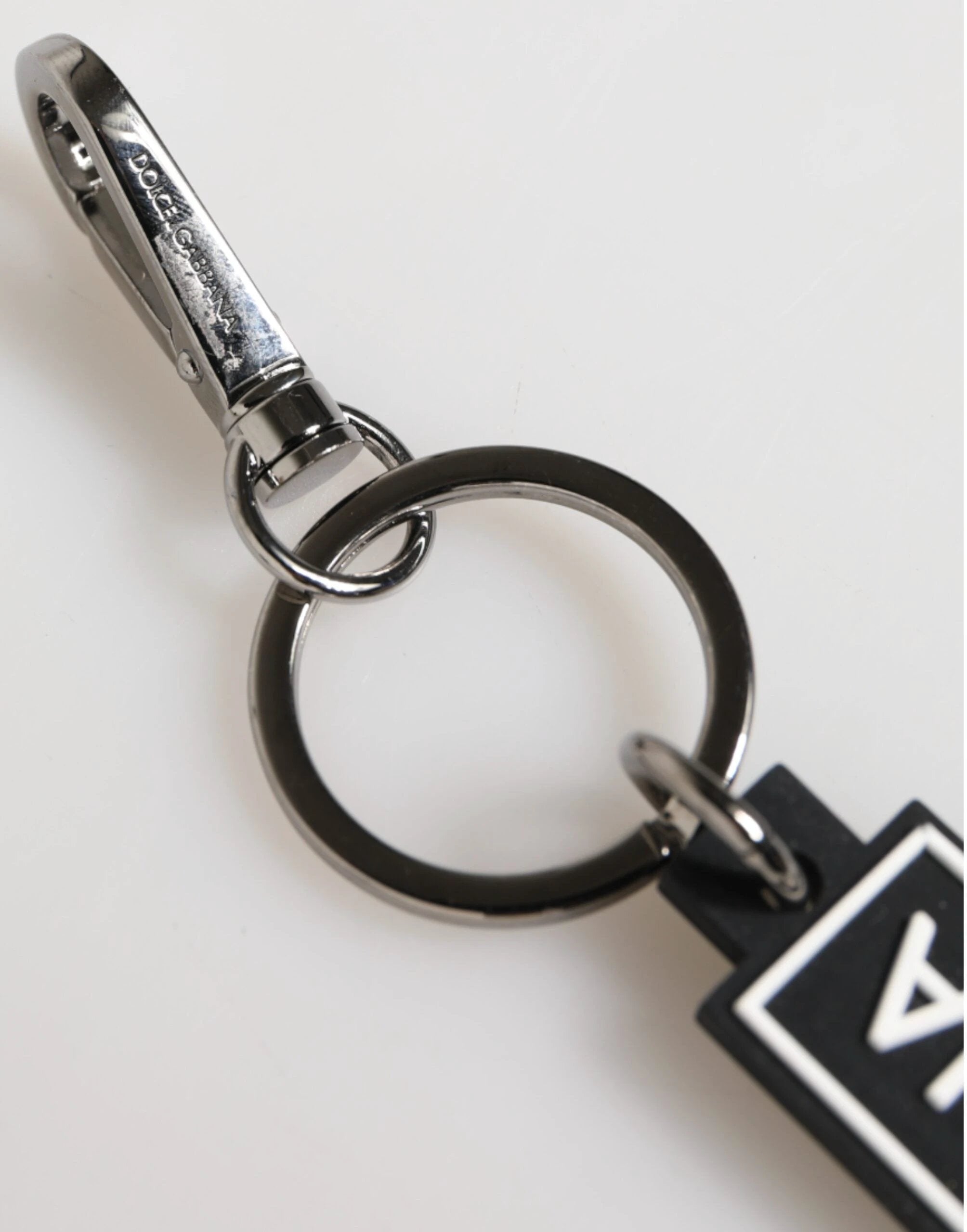 Dolce & Gabbana Black White DG Rubber Logo Silver Men's Holder Keyring by Dolce & Gabbana