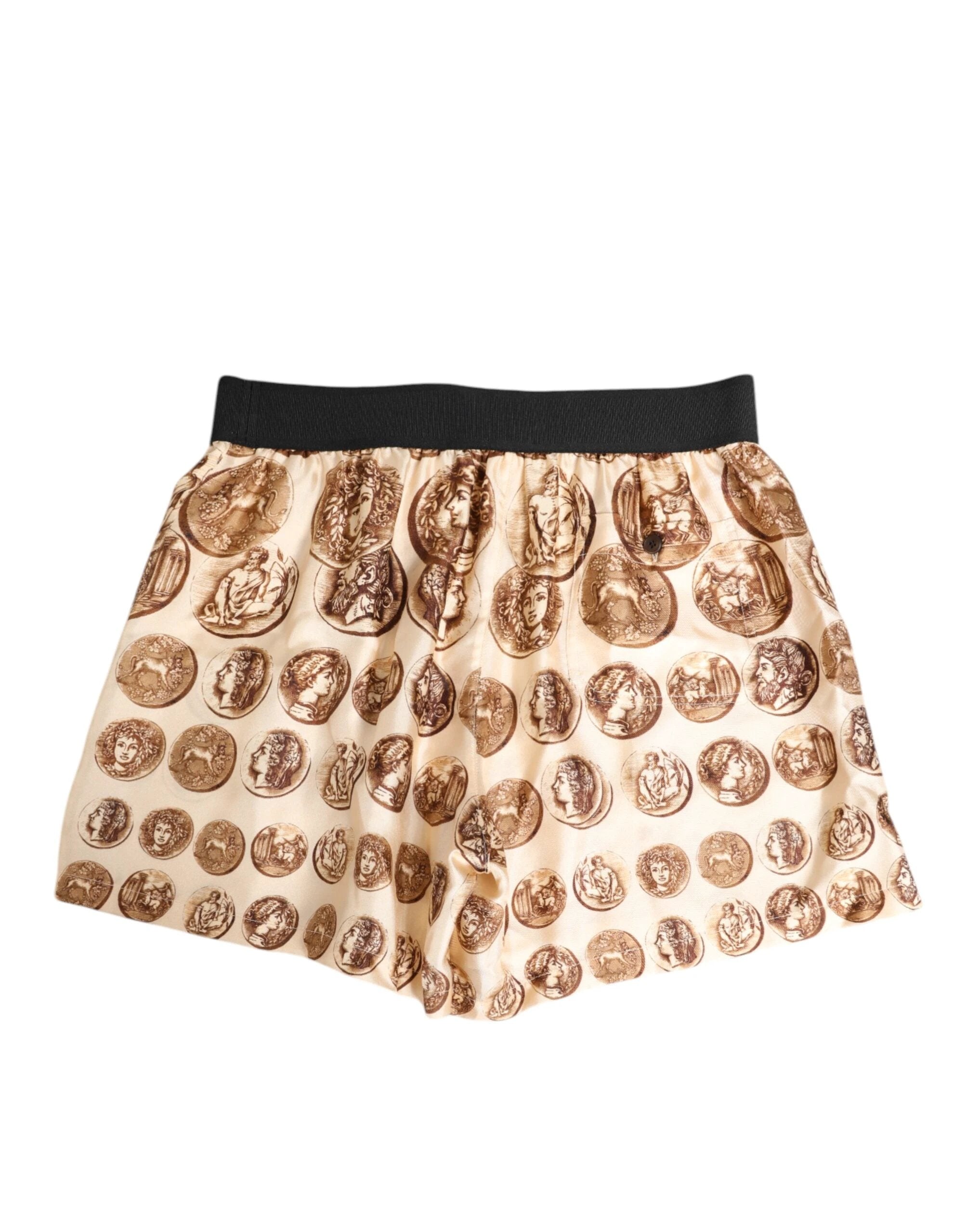 Dolce & Gabbana Brown Ancient Coin Print Silk Shorts Swimwear by Dolce & Gabbana