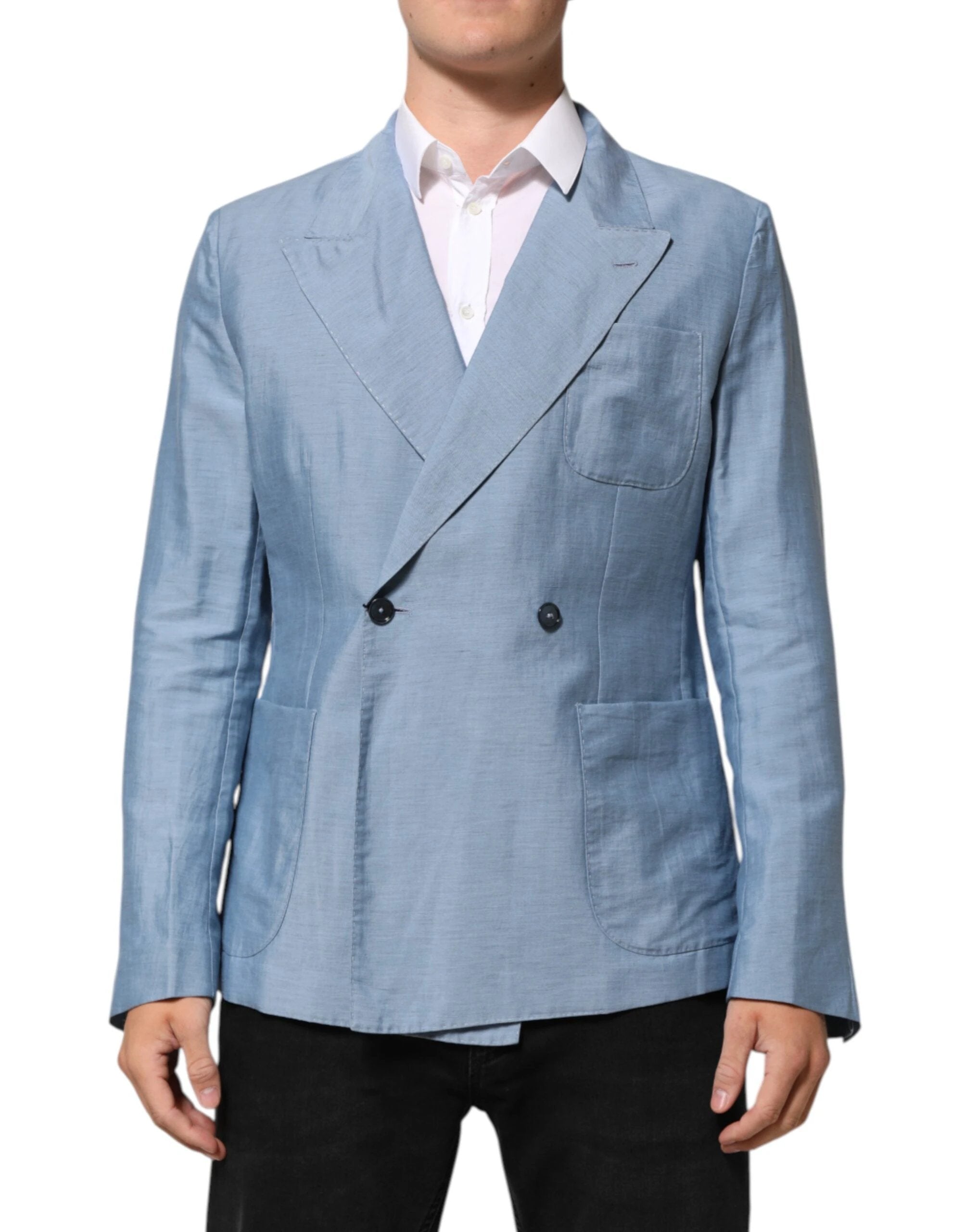 Dolce & Gabbana Light Blue Linen Double Breasted Men Jacket Blazer by Dolce & Gabbana