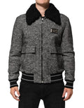 Dolce & Gabbana Gray Wool Herringbone Shearling Collar Bomber Jacket by Dolce & Gabbana