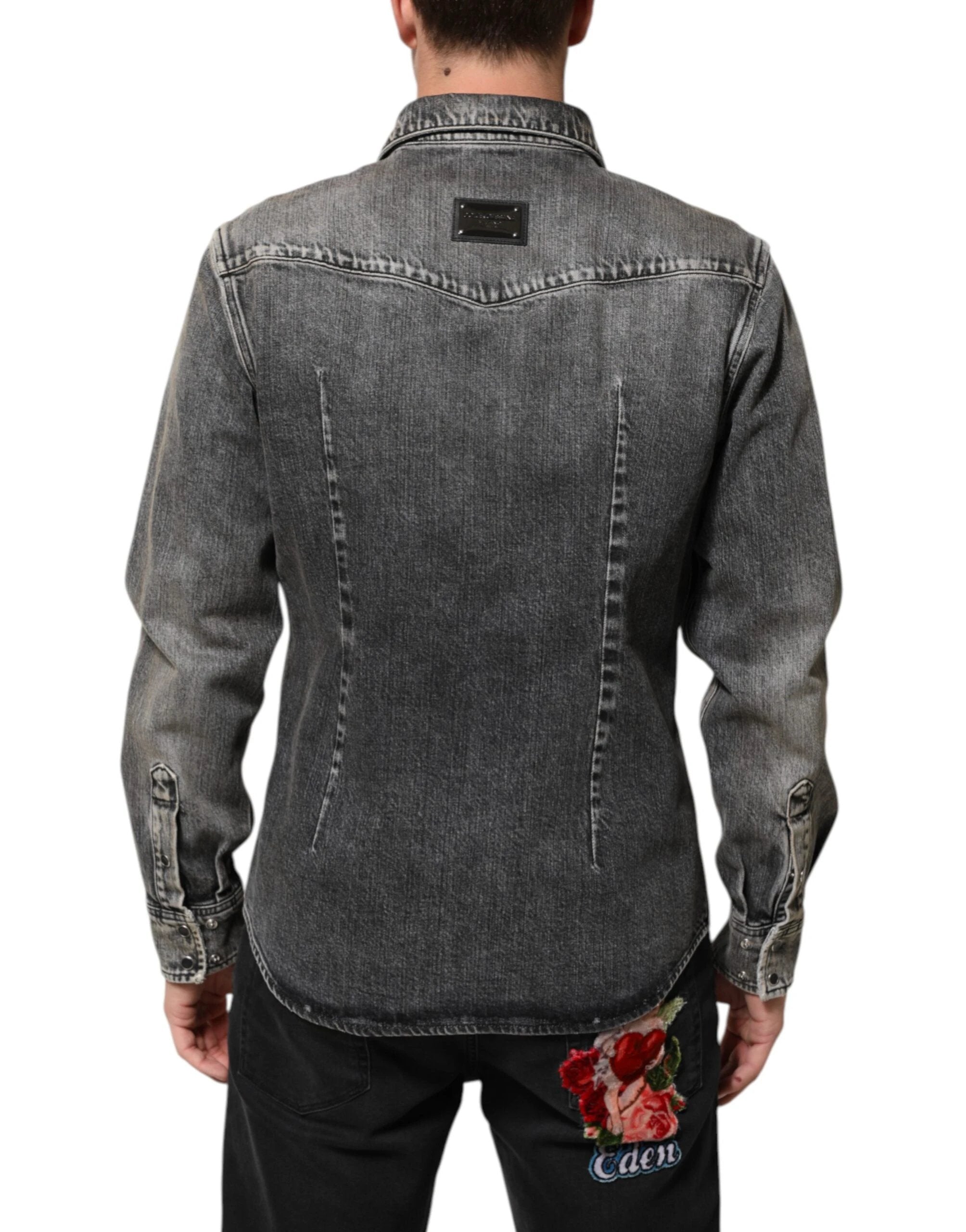 Dolce & Gabbana Black Washed Cotton Snap Long Sleeve Casual Shirt by Dolce & Gabbana