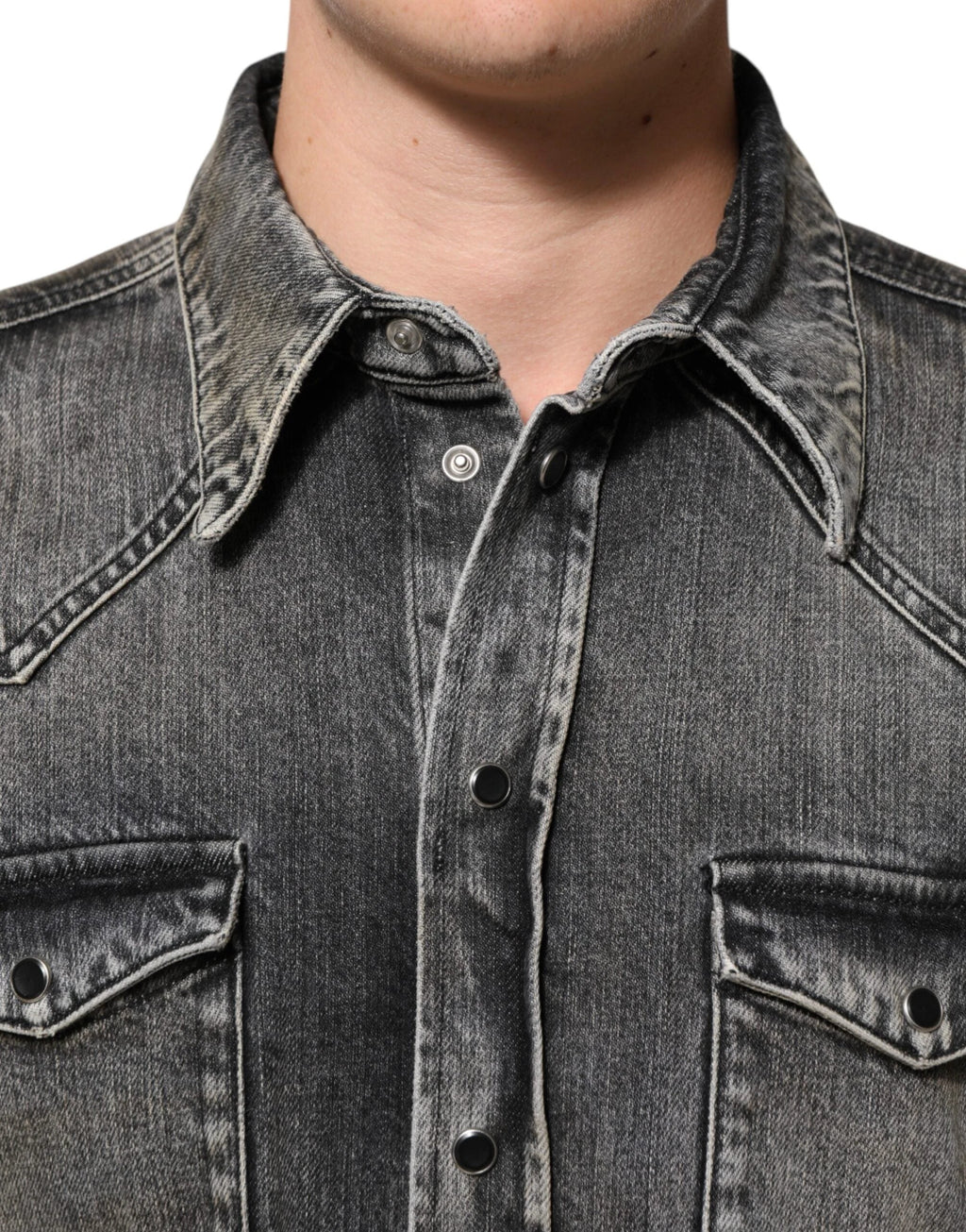Dolce & Gabbana Black Washed Cotton Snap Long Sleeve Casual Shirt by Dolce & Gabbana